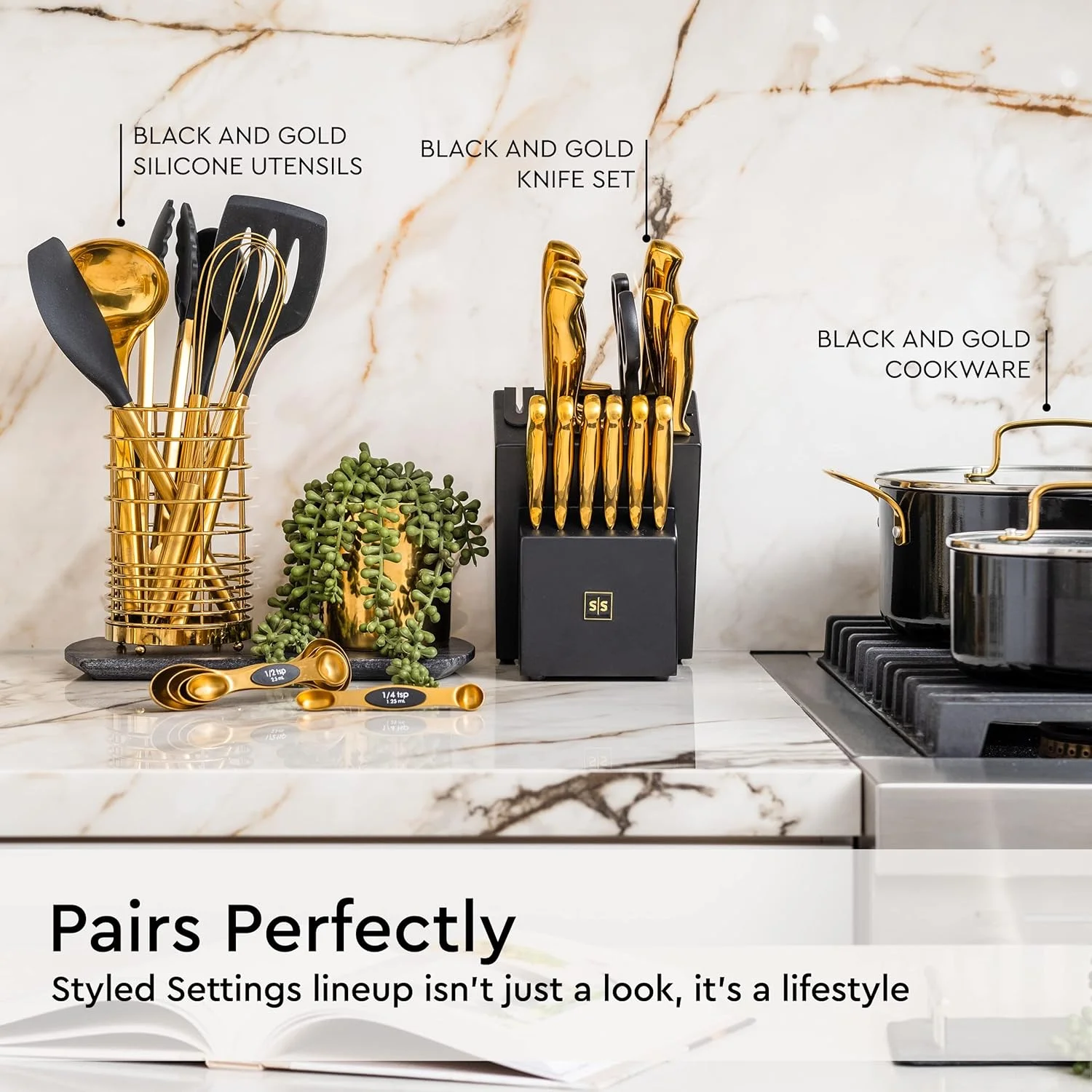 Styled Settings White Pots and Pans Set Nonstick-15 Piece Luxe White Cookware Set Non Toxic,Oven Safe,Induction Safe Cooking Pot with Strainer Lid,Gold Cooking Utensils,Gold Pots & Pans��