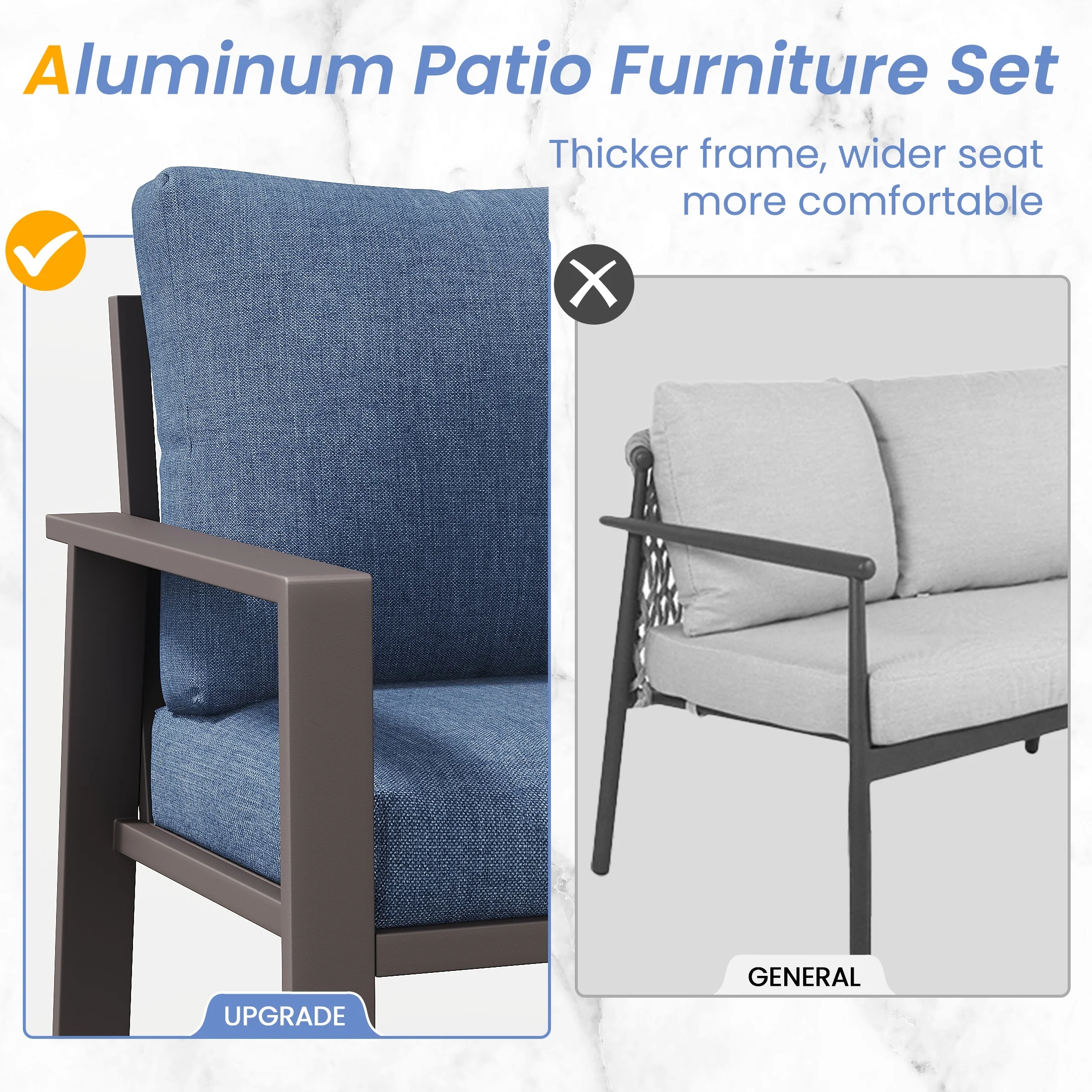 POTEBAN Aluminum Patio Furniture Set, Modern Metal Outdoor Sectional Sofa, Patio Conversation Sets with Side Table for Poolside, courtyard,Blue