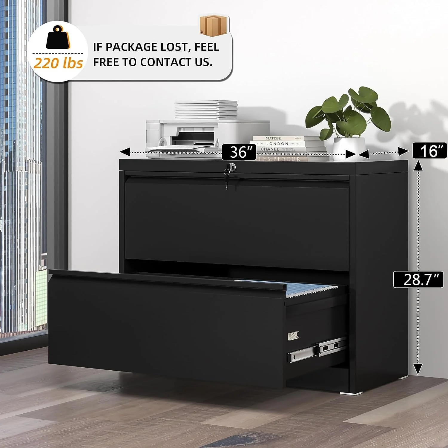 SUNCROWN 2 Drawer Lateral Metal File Storage  Cabinet with Lock for Legal/Letter A4 Size, Black