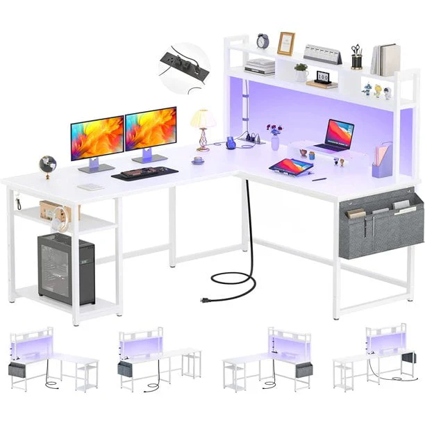 Homieasy L Shaped Desk with Power Outlet & USB Ports, 86.6'' Reversible L-Shaped Gaming Desk with Monitor Stand & LED Strip, 2 Person Corner Computer Desk with Hutch for Home Office, Grey Oak