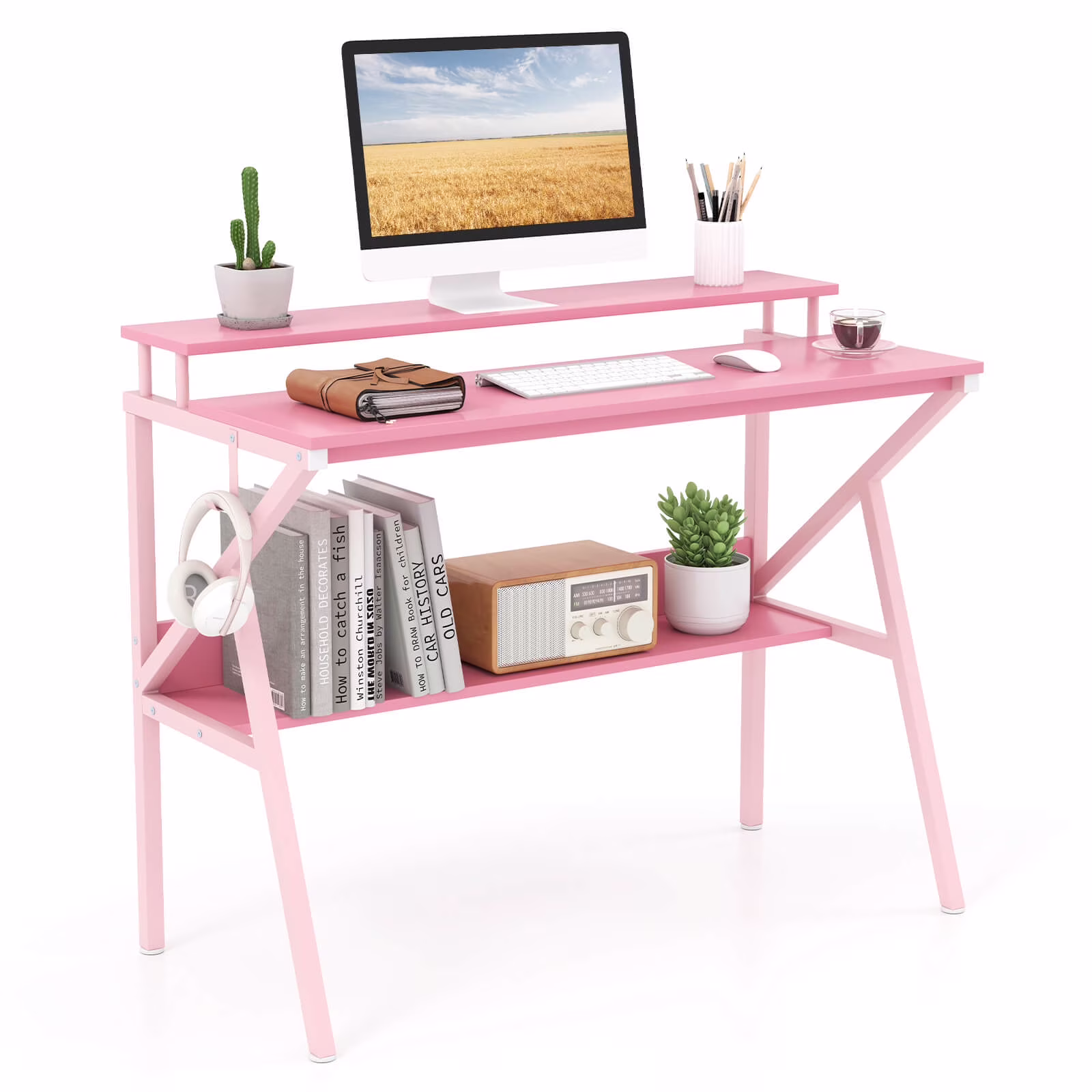 Costway Home Office Desk with Monitor Stand, Open Shelf & Metal Frame, Earphone Hook White