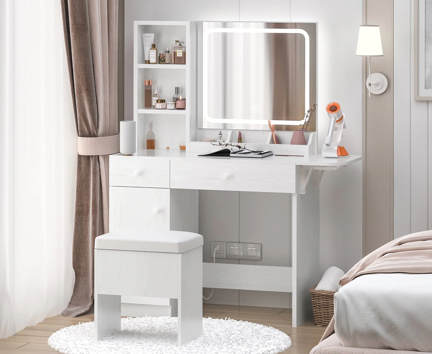 IRONCK Vanity Desk with LED Lighted Mirror & Power Outlet, Makeup Table with Drawers & Cabinet,Storage Stool,for Bedroom, White
