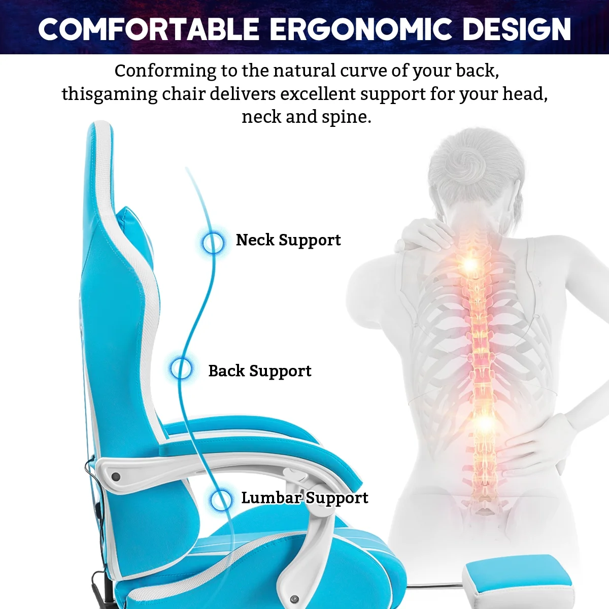 Hoffree Gaming Chair with Massage PU Leather Office Chair with Footrest and LED Light Ergonomic Gamer Chair Lumbar Support Adjustable Headrest High Back Computer Desk Chair for Home Office
