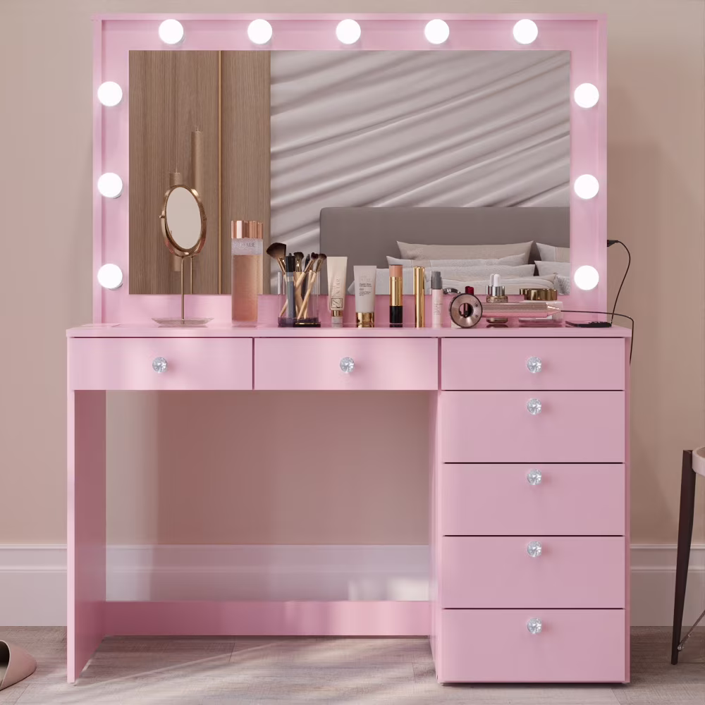 Ember Interiors Modern Large Greige Makeup Vanity Desk with Built-in Lights, Power Outlet with USB Type-C, Glass Top, 7 Drawers and Crystal Knobs