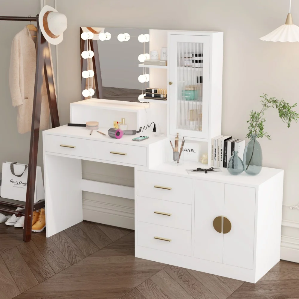 IVV Vanity Desk with Lighted Mirror and Charging Station, Makeup Dressing Table with 5 Drawers and Storage Cabinet, 10 LED Bulbs, 3-Color Lighting Modes, Brightness Adjustable, Black
