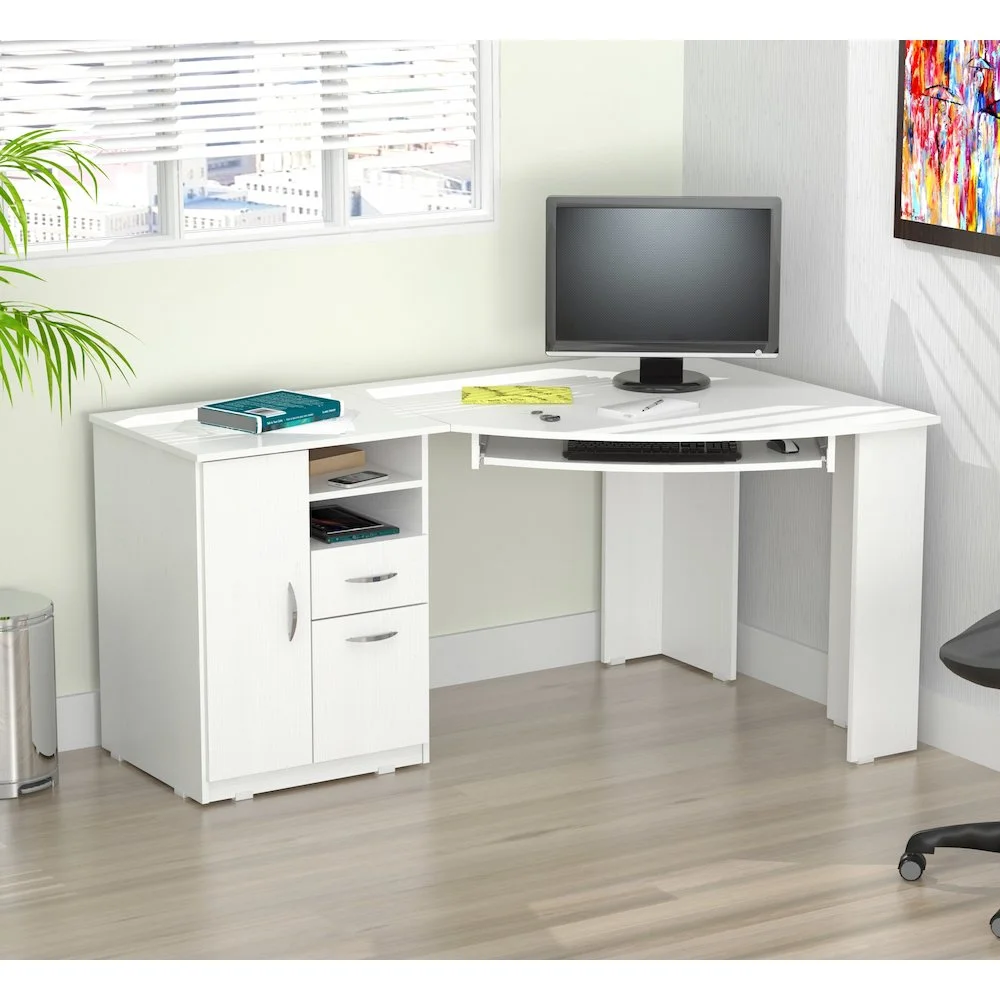 Inval Modern Corner Desk with 2 Drawers and Cabinet, Washed Oak