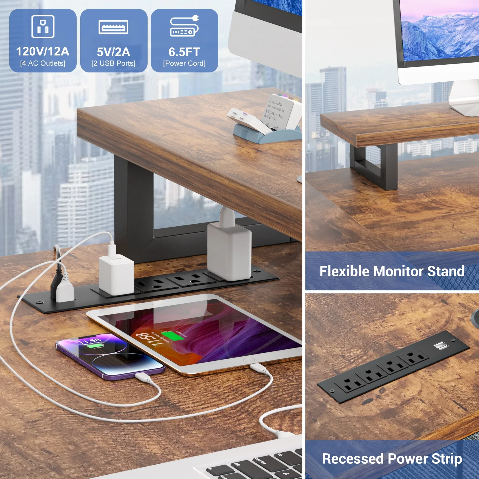 Homieasy U Shaped Desk with Power Outlet and LED Strips, 129.9'' Ergonomic L-Shaped Gaming Desk with Monitor Stand, Reversible Corner Computer Desk with Storage Shelf for Home Office, White Oak