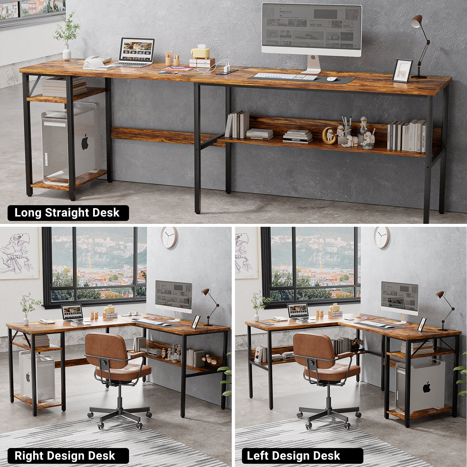 Homieasy Reversible L Shaped Desk with Magic Power Outlets and USB Charging Ports, Sturdy Corner Computer Desk with Storage Shelves, Gaming Table Home Office Desk, Easy to Assemble, Black Oak