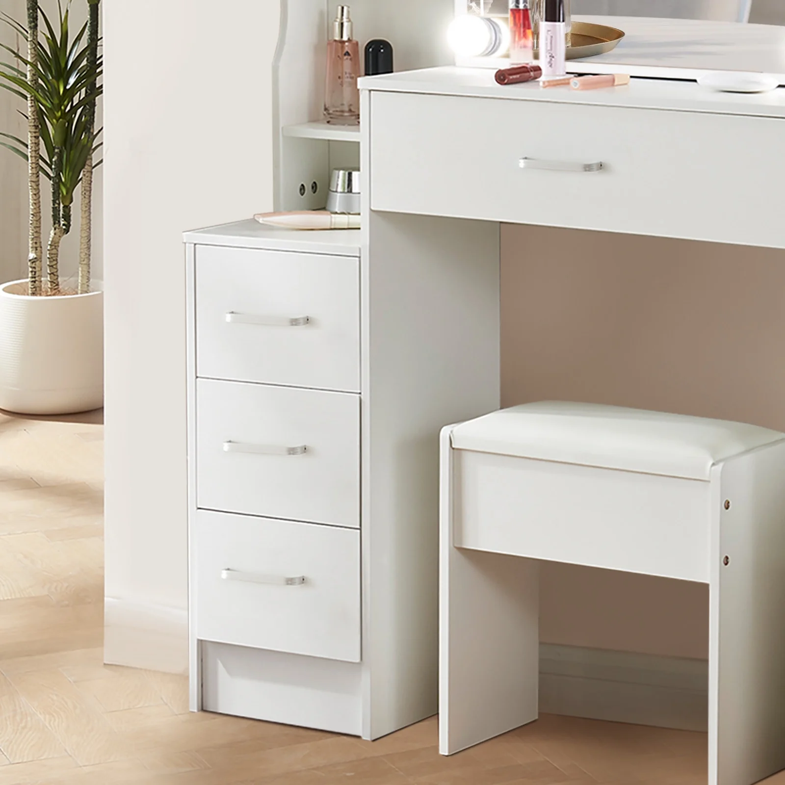 Jarbalai Makeup Vanity Table with Mirror and Lights, Vanity Desk w/ Stool for Girls Dressing, White