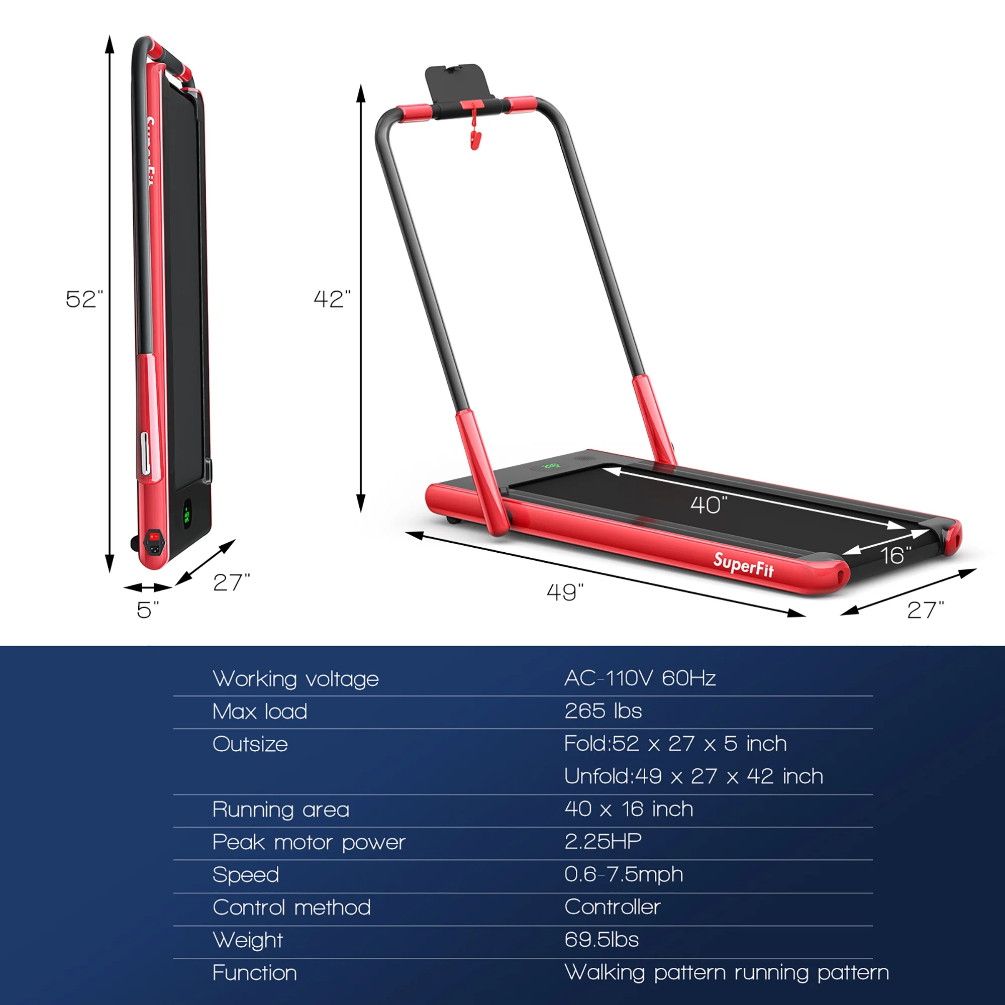SuperFit Up To 7.5MPH 2.25HP 2-in-1 Folding Under Desk Treadmill W/Speaker Controller APP, Single Display Screen Silver