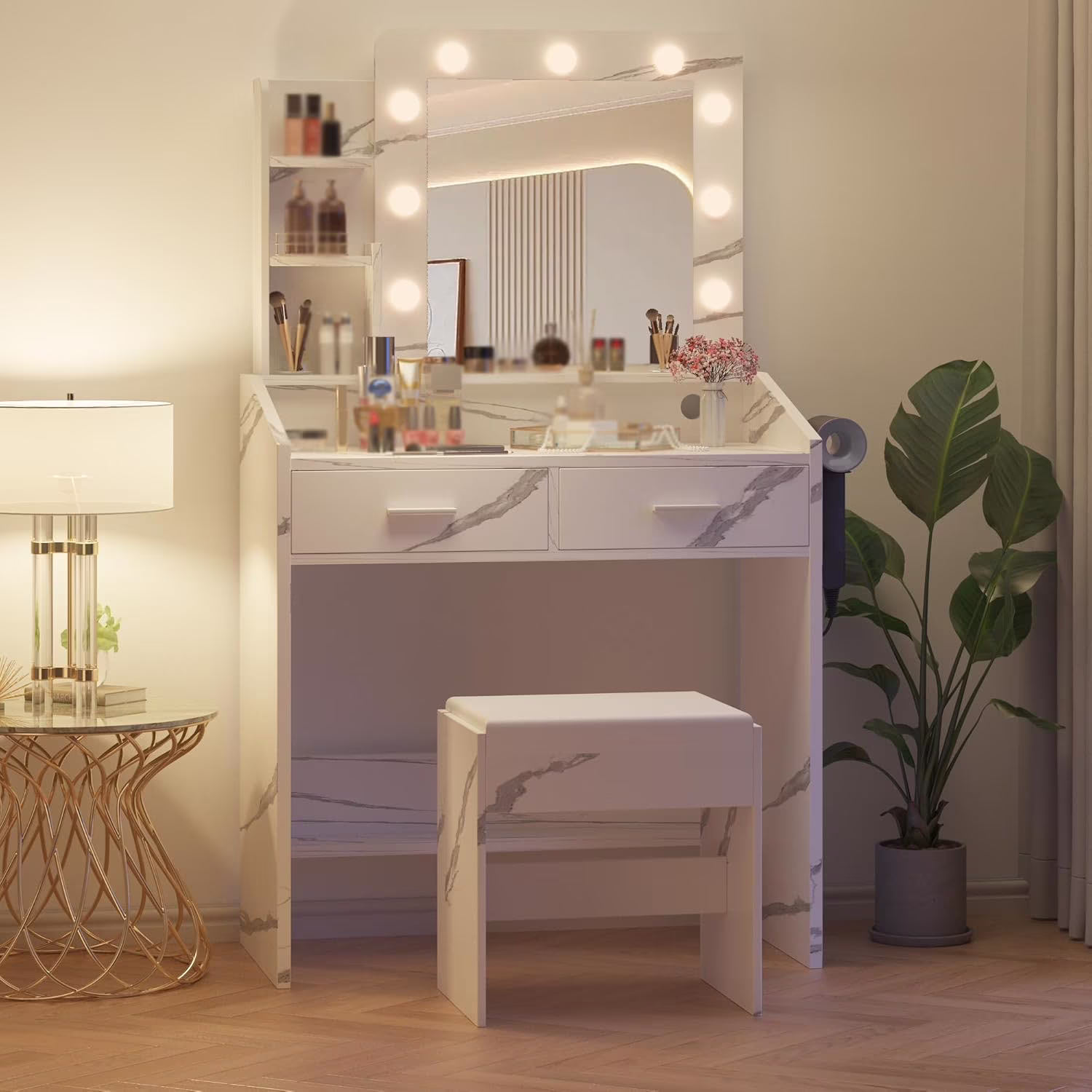 OYang Makeup Vanity with Lights, Vanity Desk with Mirror and Lights Set, Large Drawer and Two-Tier Lots Storage Cabinet, 3 Lighting Modes Adjustable Brightness