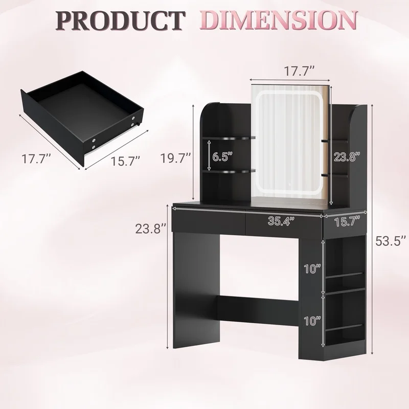 Furmax Makeup Vanity Desk with LED Lighted Mirror Vanity Table with Drawers, Shelves & Side Storage for Bedroom, White