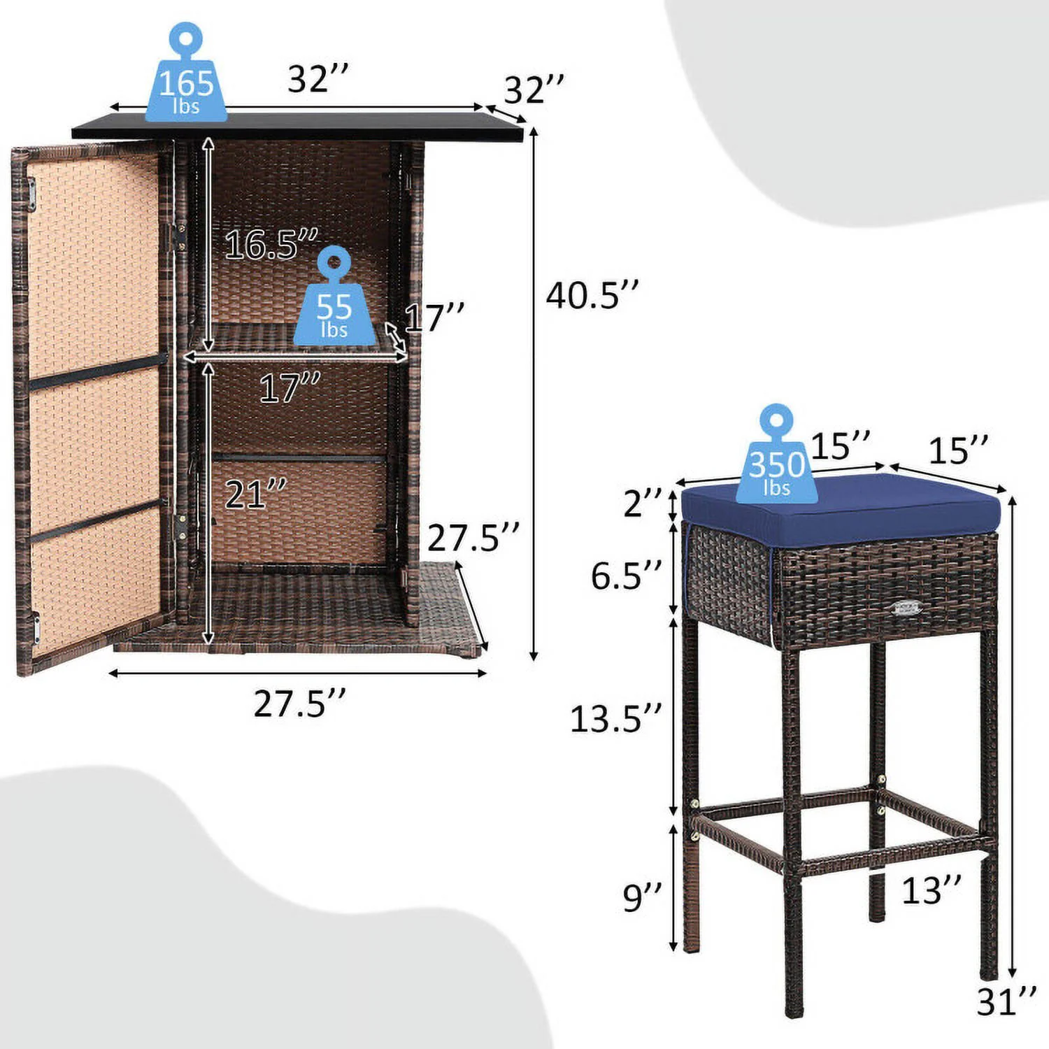 Kadyn Patio Conversation Table Chair Set, Outdoor Collection Set, 5 Pieces Patio Rattan Bar Table Stool Set Hidden Storage Shelf Cushioned-Navy