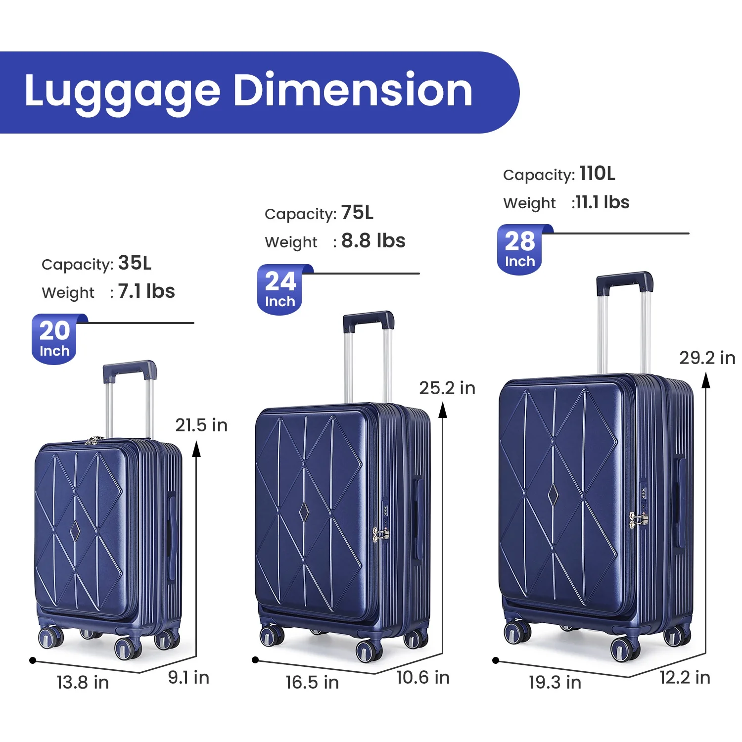 POWANLI 3 Piece Luggage Sets (20''24''28''), PC Hard Shell Expandable Lightweight Carry On Luggage, with Front Pocket and Spinner Wheels, TSA Lock, Airline Approved(Mint Green)