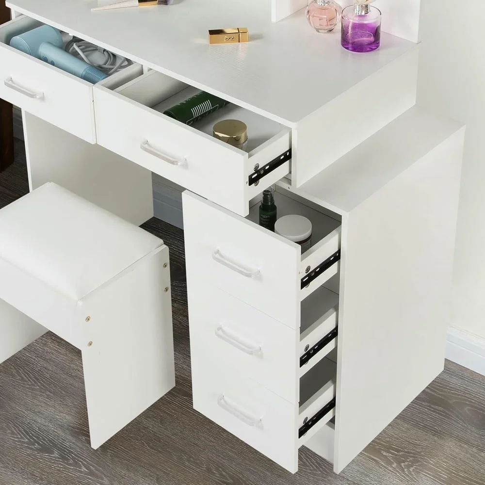Kadyn Vanity Desk with Lighted Mirror, Vanity Table and Chair Set with 2 Drawers, Dressing Table Makeup Desk with 1 Door, Retro Gray