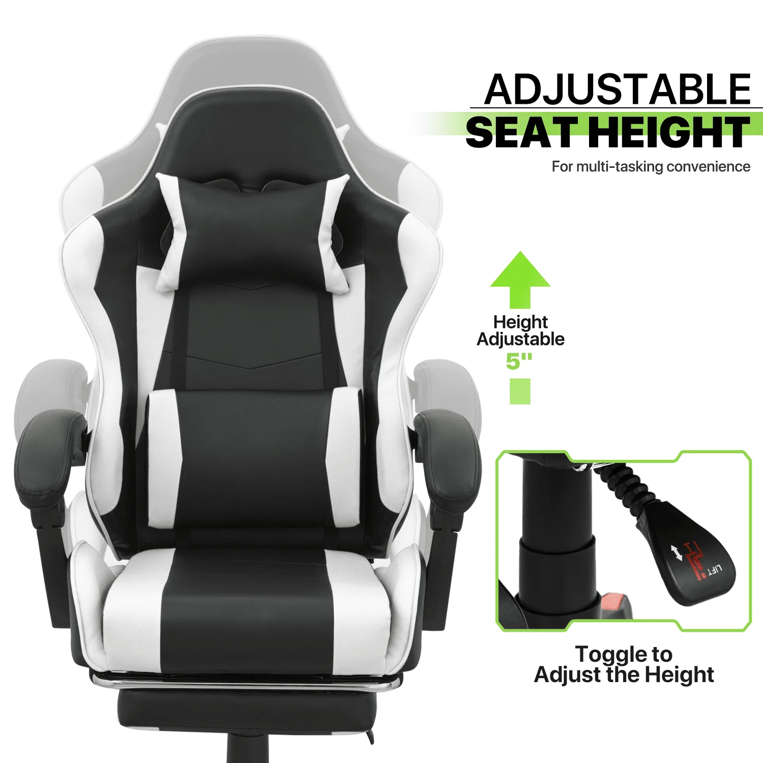 Magshion Rolling Gaming Chair, Adjustable Faux Leather Computer Seat with Lumbar Support for Adults Teens Desk Chair, White