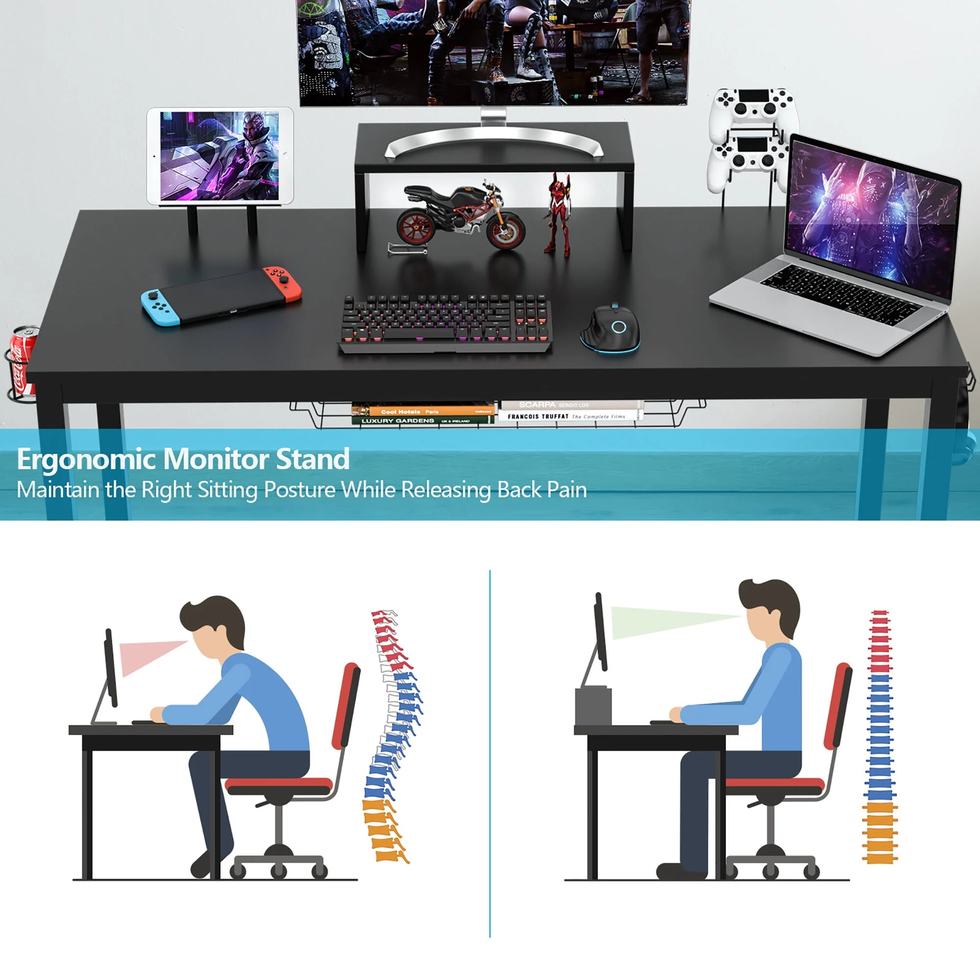 Costway 55 inch Gaming Desk Racing Style Computer Desk with Cup Holder & Headphone Hook