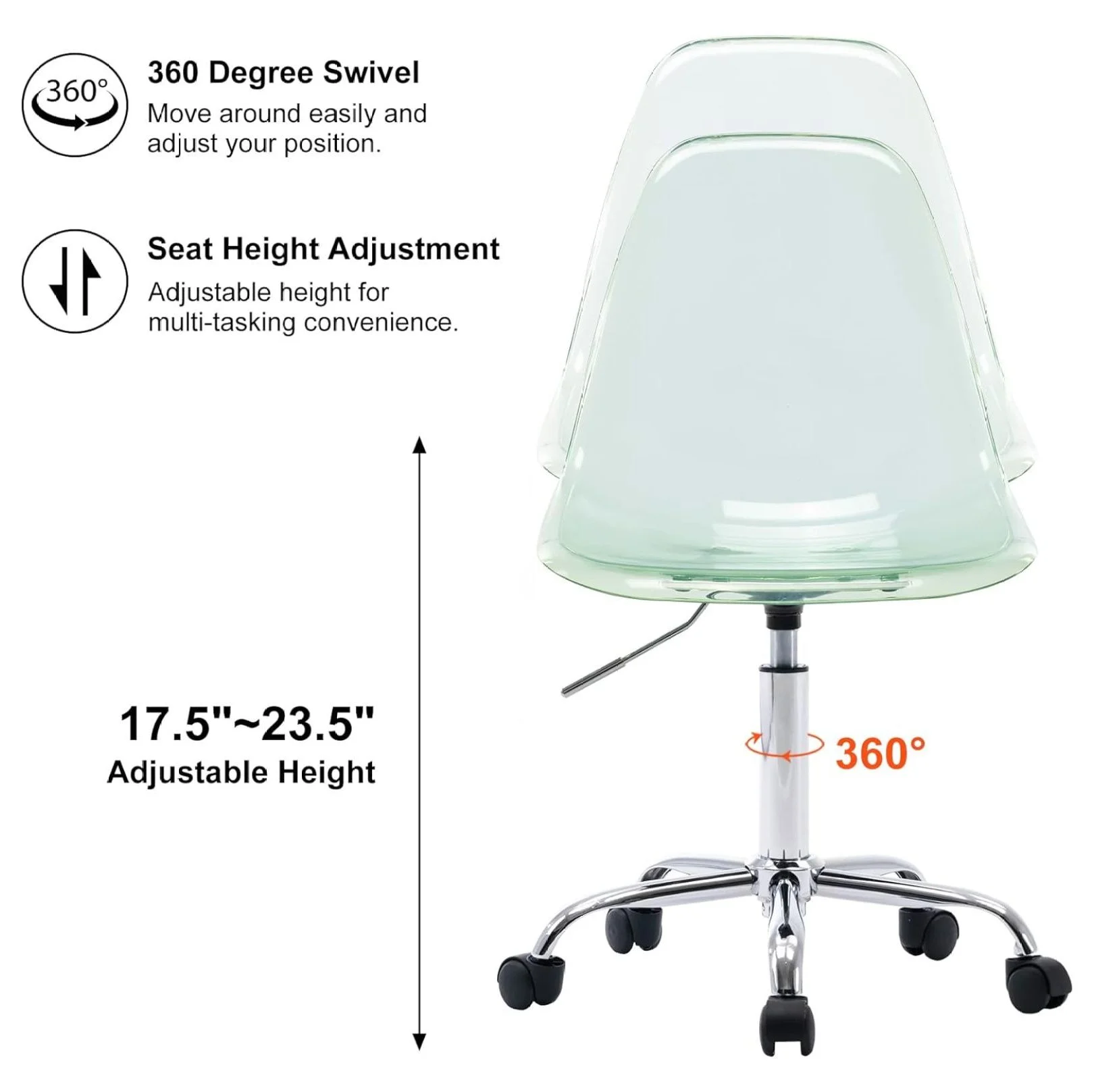 Echoworld Clear Rolling Chair, Armless Desk Chair with Golden Feet Swivel Molded Plastic Shell Adjustable Home Office Chair with Wheels, Clear