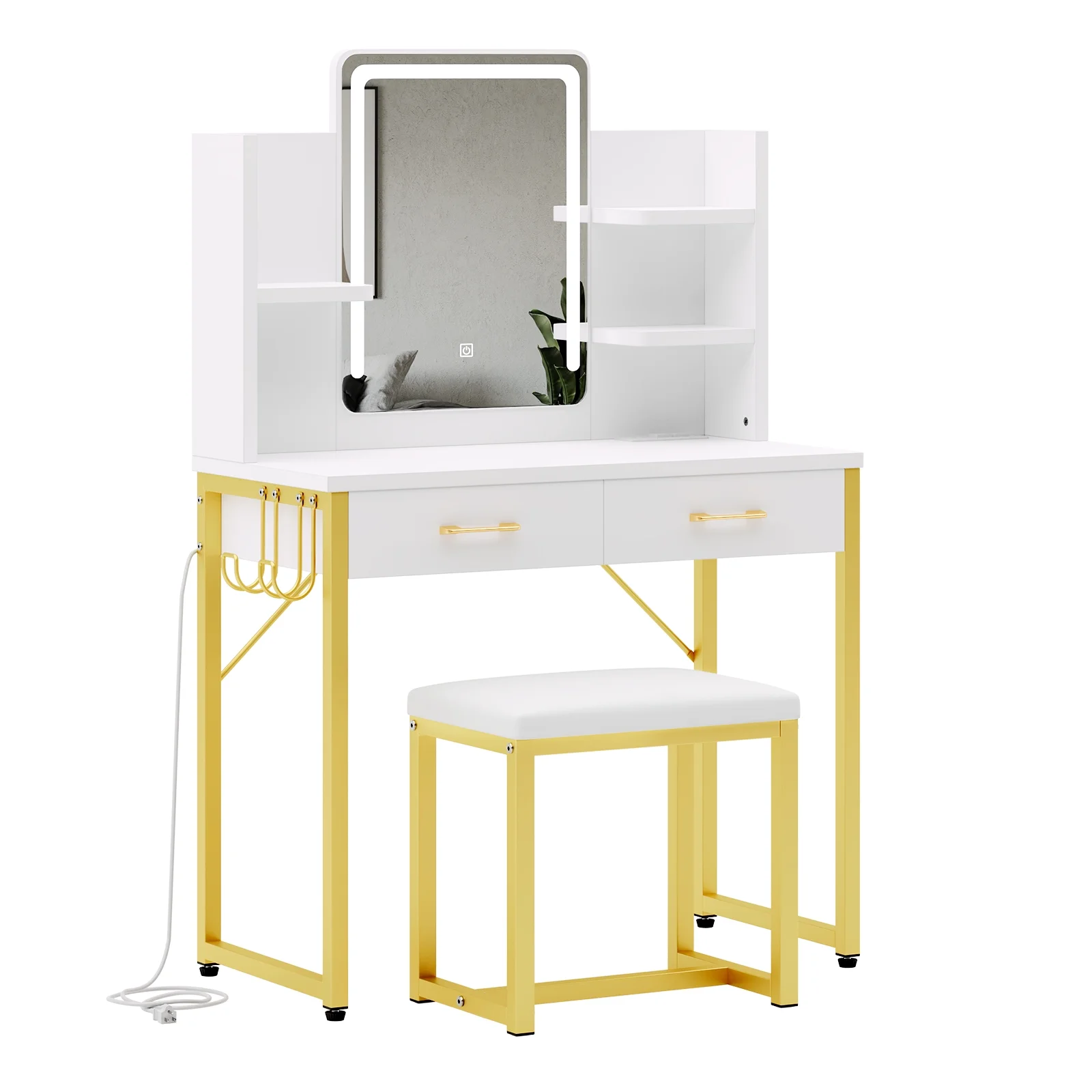 Bestier Makeup Vanity Set with Mirror and Lights, Vanity Desk with Drawers, Power Outlet & Cushioned Stool, Vanity Table for Bedroom,  Black