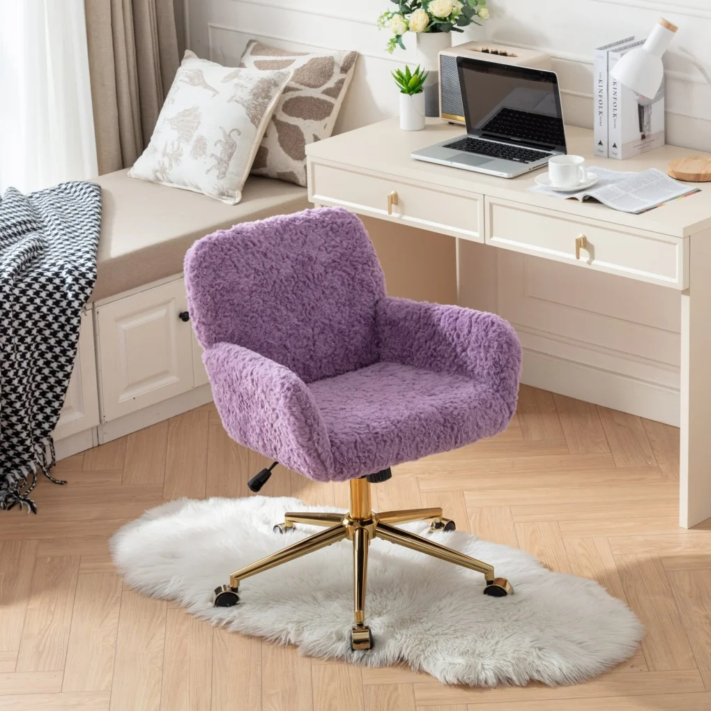 Furniture Office Chair,  Artificial Rabbit Hair Makeup Vanity Chair Chair, 360 Comfy Swivel Armchair with Wheels, Modern Height Adjustable Cute Vanity Chair for Living Room Small Spaces Pink
