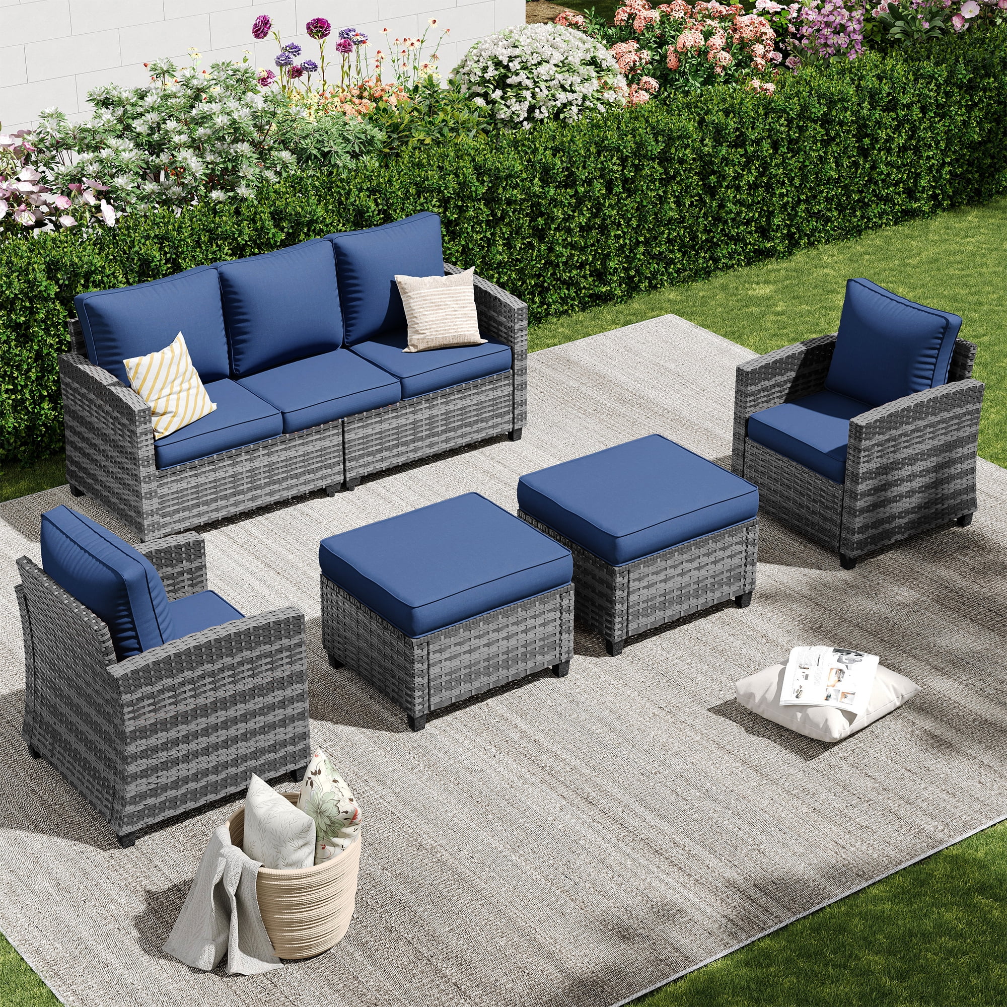 POTEBAN Patio Furniture Set, 7 Pieces Outdoor Sectional Sofa Couch with Chairs, Ottomans and Comfy Cushions, All Weather Wicker Rattan Patio Conversation Set for Garden Backyard Dark Grey