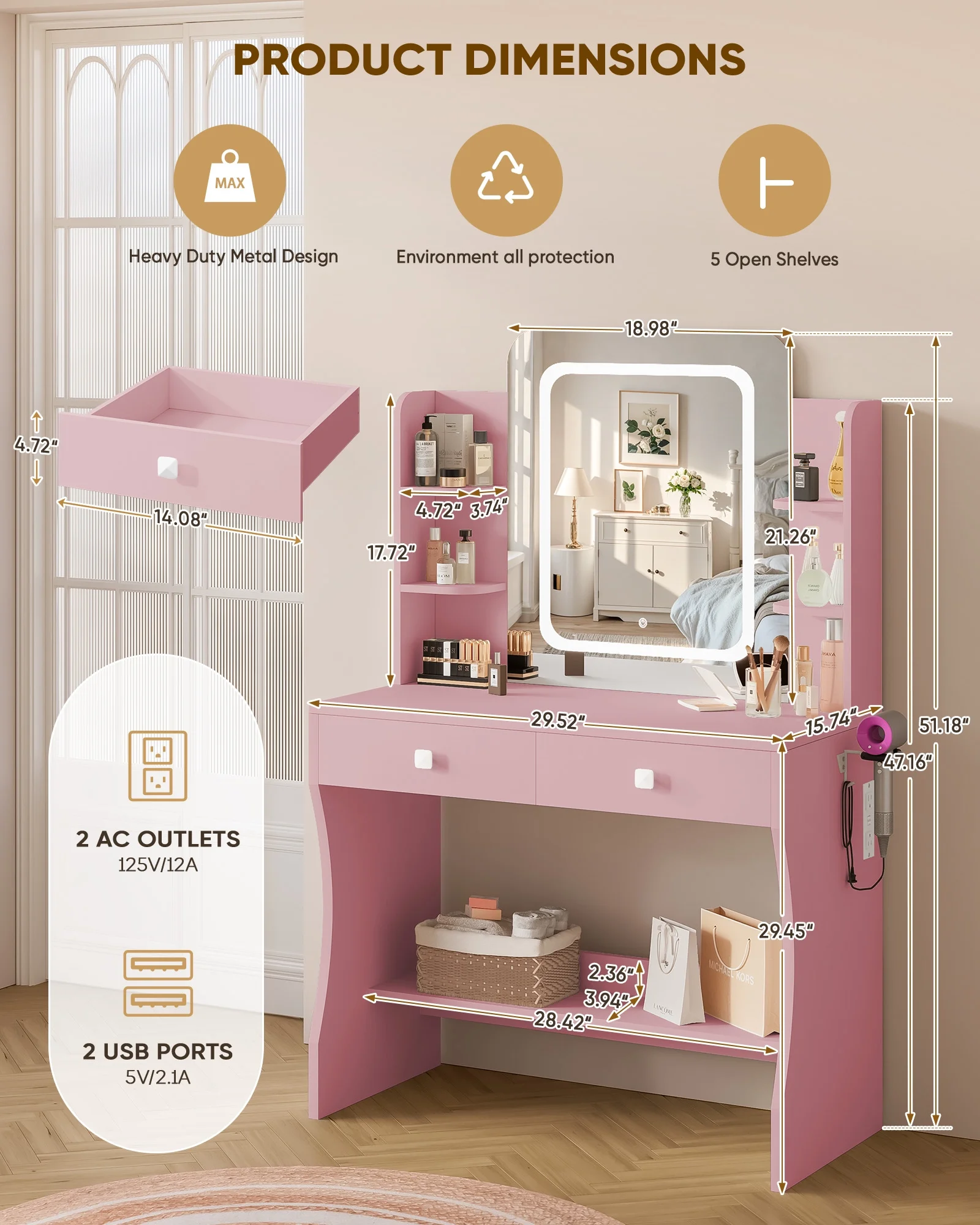 LIVELYGLOW Vanity Desk Set with Square Mirror and Light- Small Vanity Table with Drawers- White