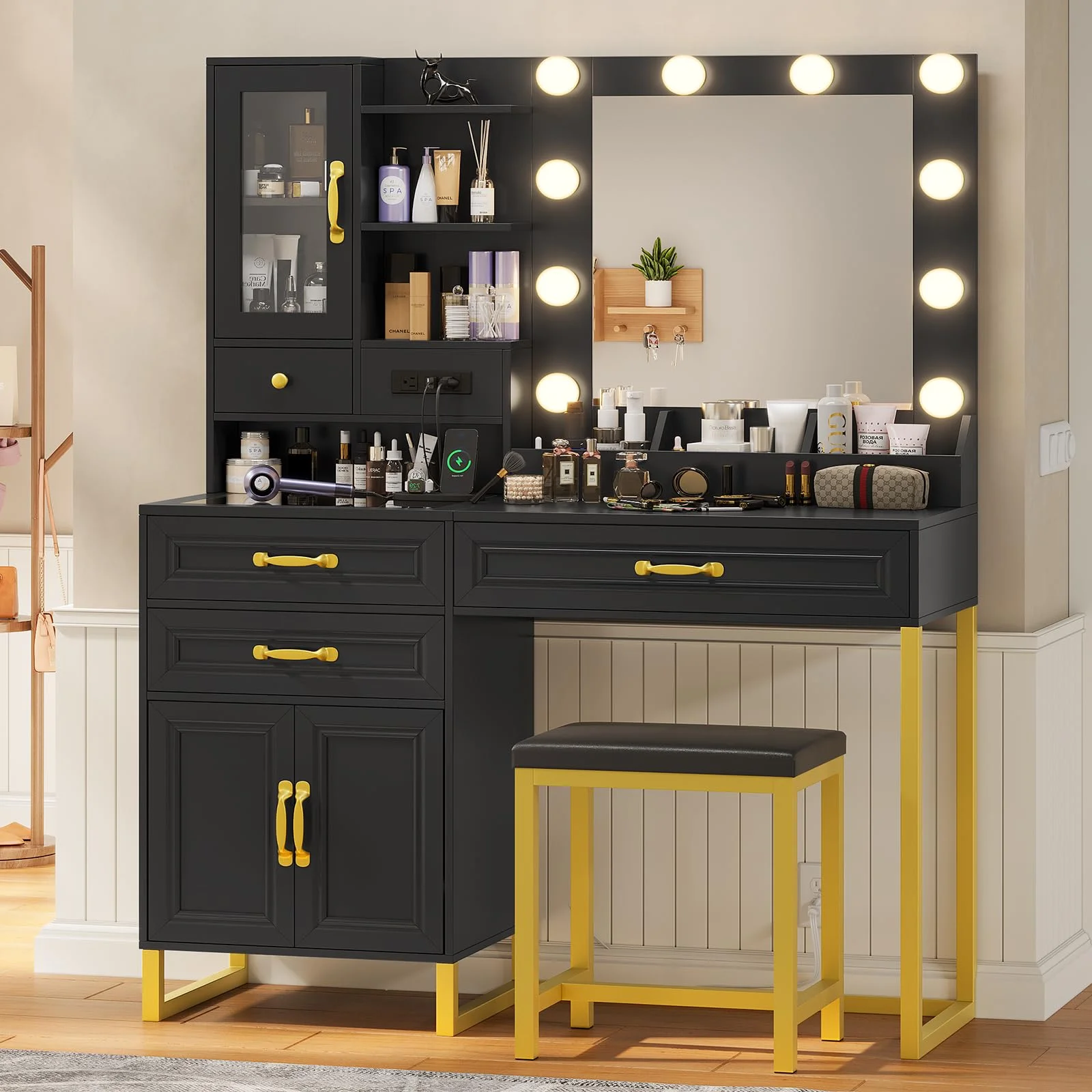 AMUZER Modern Vanity Desk Set with Mirror and Lights & Stool, Makeup Vanity Table with Charging Station, 4 Stoarge Drawers & Double-Door Cabinet, White