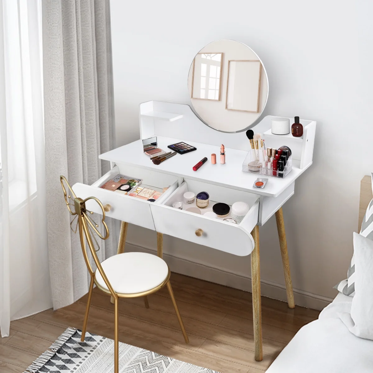 Liyufly Modern White Vanity Desk with Mirror, Solid Wood Makeup Vanity Dressing Table for Women Girls (Without Stool and LED)