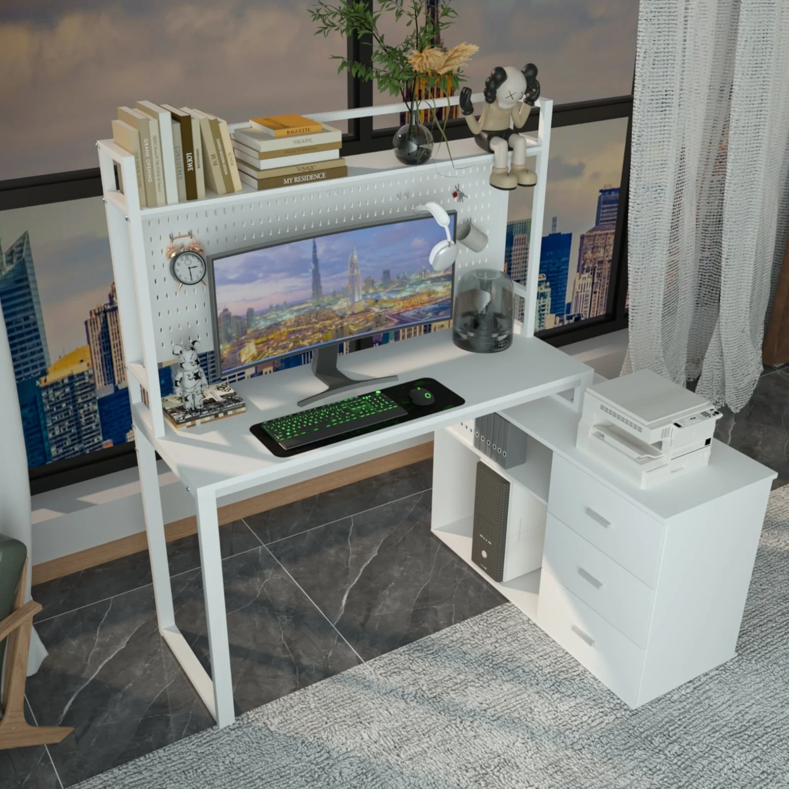 PAKASEPT 4 In 1 Home Office Computer Desk L Shaped Desk, Reversible Corner Desk with Drawers & Shelves & Pegboard, White Desk Study Writing Table for Home Office