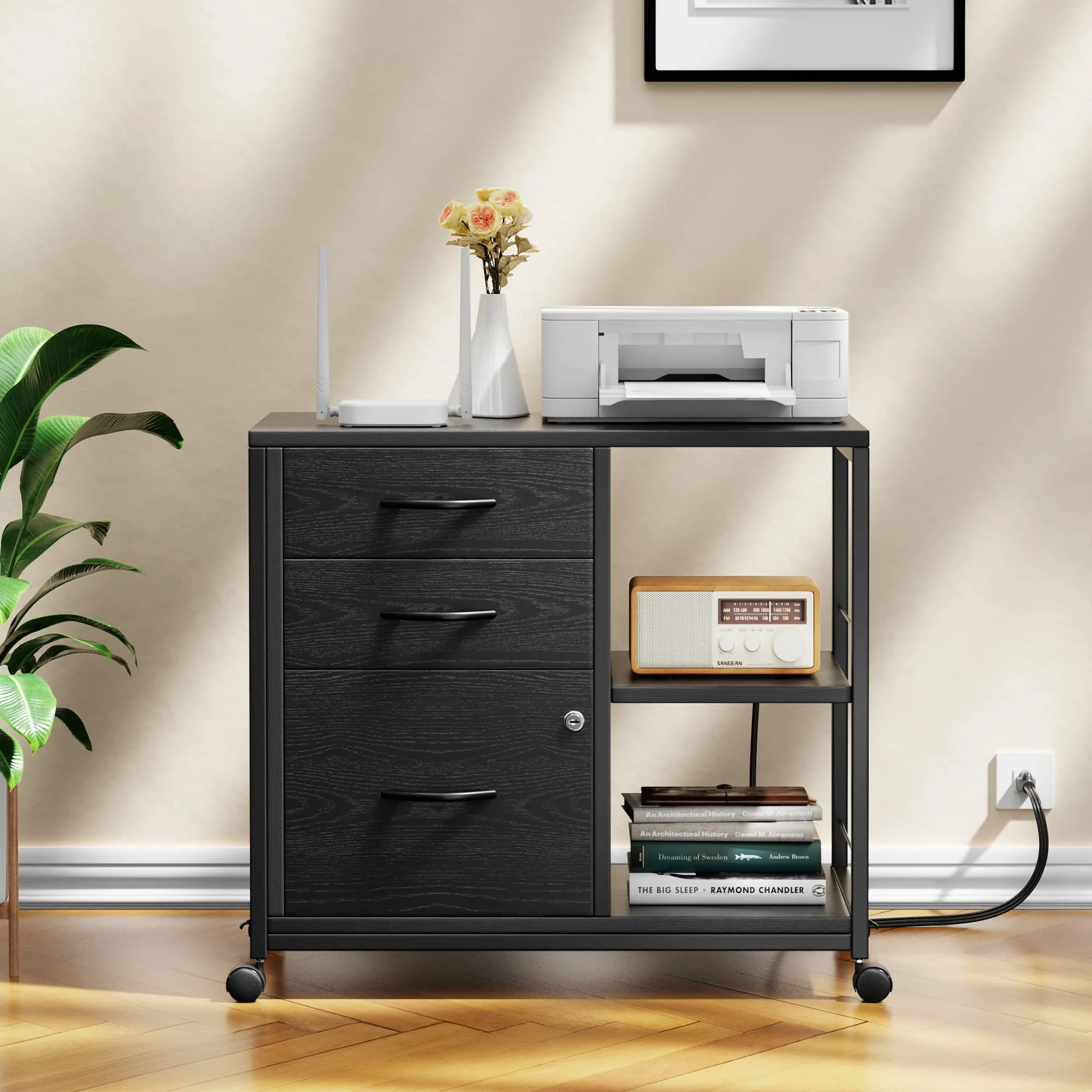 Himusi File Cabinet with USB Charging Ports Socket, 3 Drawers File Organizer for Home Office, Rolling Lateral Filing Cabinet for Printer Stand with Storage, Balck