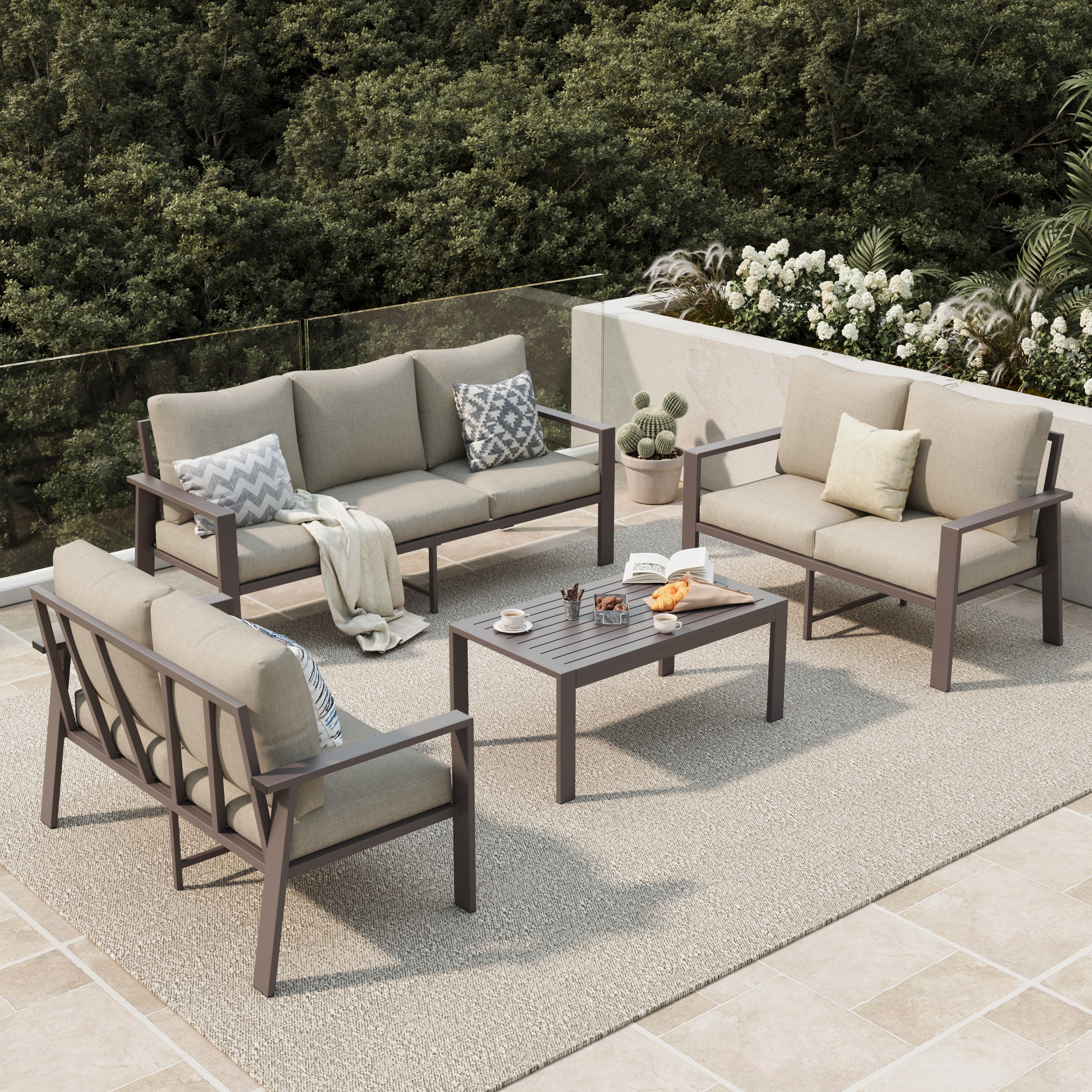 POTEBAN Aluminum Patio Furniture Set, Modern Metal Outdoor Sectional Sofa, Patio Conversation Sets with Side Table for Poolside, courtyard,Blue