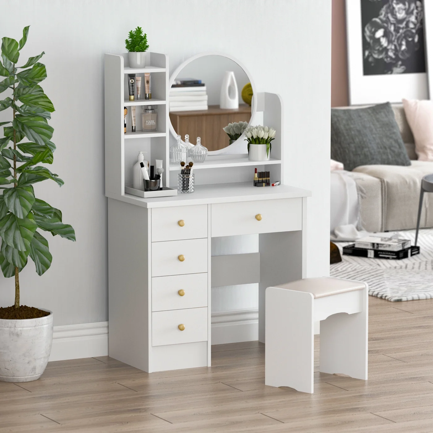 MONSLIPA Makeup Vanity Desk Set w/ Light, Sturdy Dressing Vanity Table with Bench, Shelves & Drawers