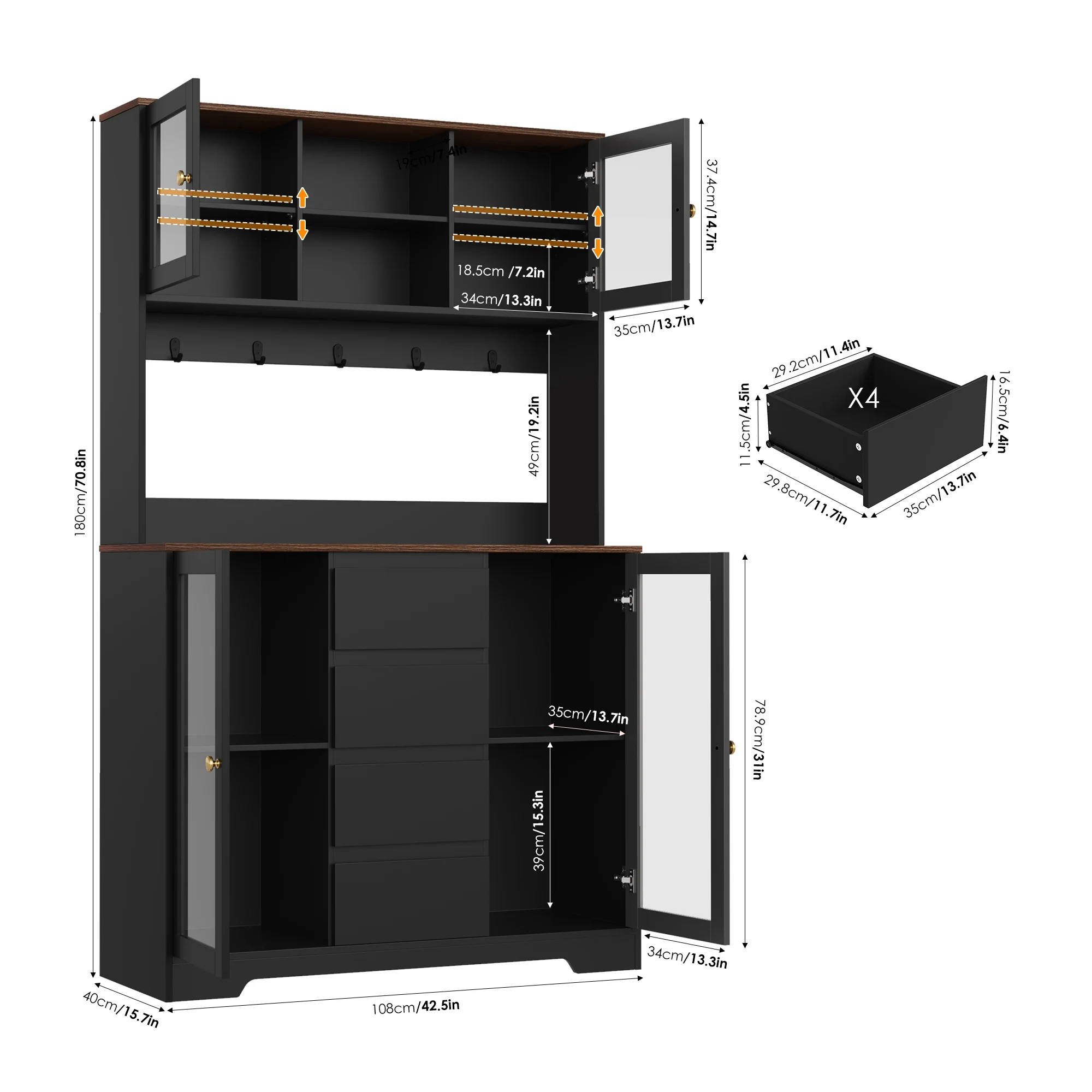 Homfa 71'' Pantry Hutch with Cabinet & Drawers for Kitchen, Glass Doors Storage Cabinet with Adjustable Shelves for Dining Room, Black