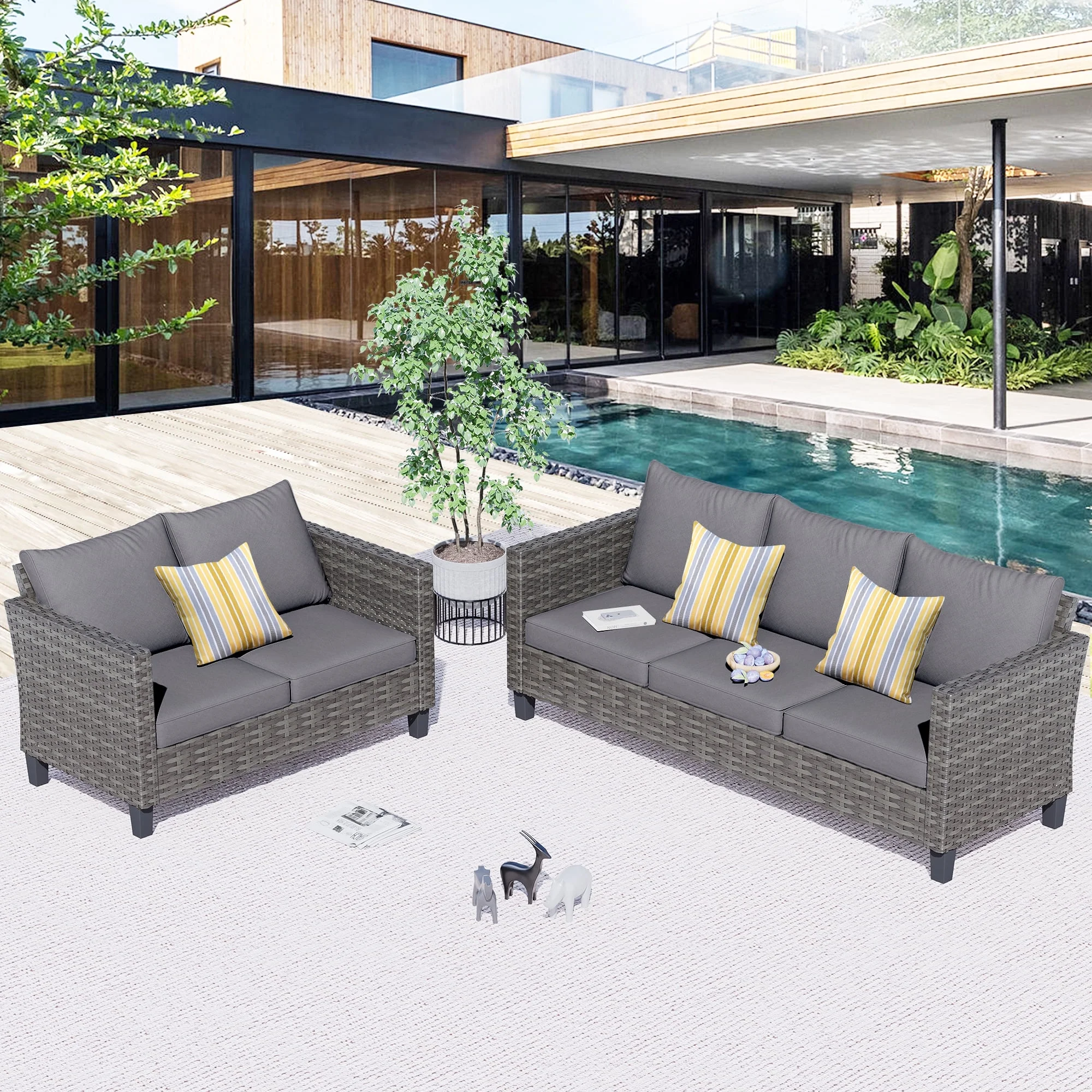 Ovios 6 Pieces Outdoor Patio Furniture Set with Gas Propane Fire Pit Table Wicker Outdoor Conversation Set with Swivel Rocking Chair for Backyard, Cushion Beige