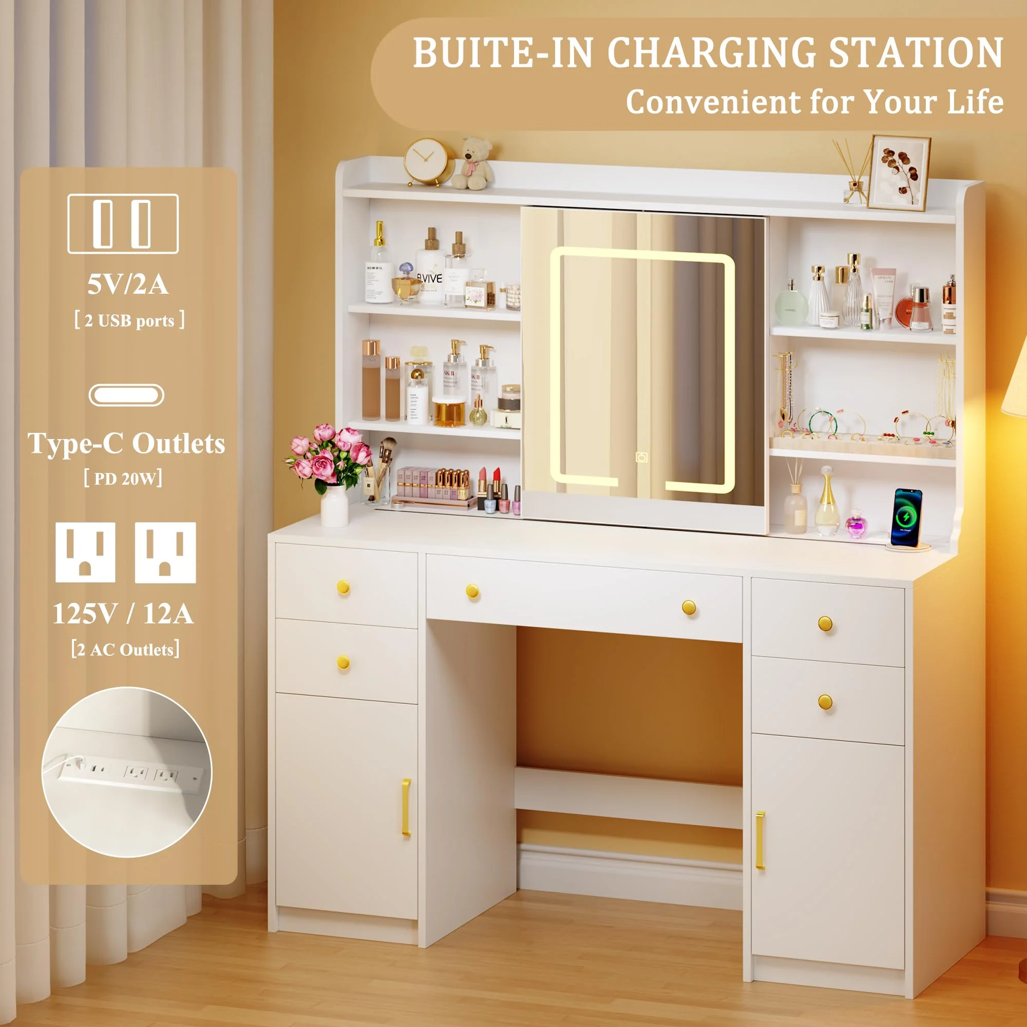 Tomnk White Vanity with Lights Mirrors, Makeup Vanity Desk with Drawers and Chair, Power Outlet