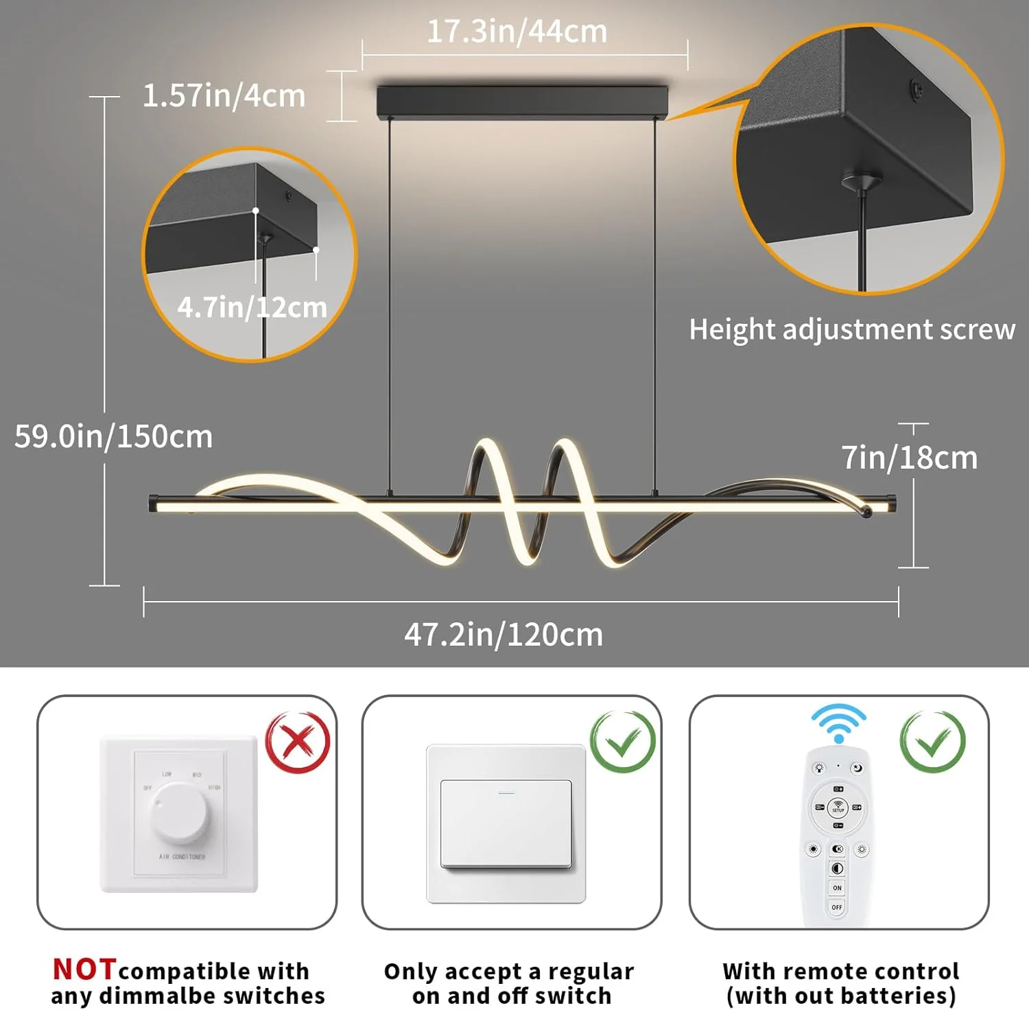 Modern Led Chandelier Dimmable Desk Linear Pendant Light with Remote Control Dimmable 3 Color Mode & Brightness Ceiling Lamp Dining Light Fixture for Kitchen Dining Room 39inch Black