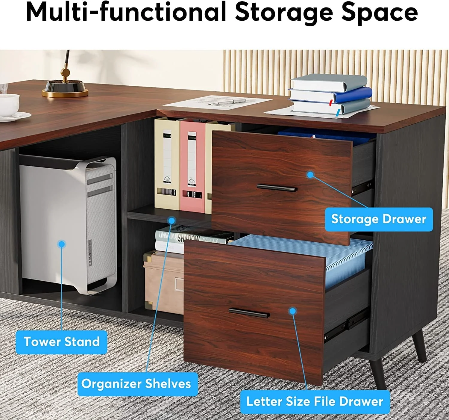 Tribesigns 87” Extra Long Executive Desk with 51” File Cabinet in Drawer and Storage Shelves, Dark Walnut & Grey