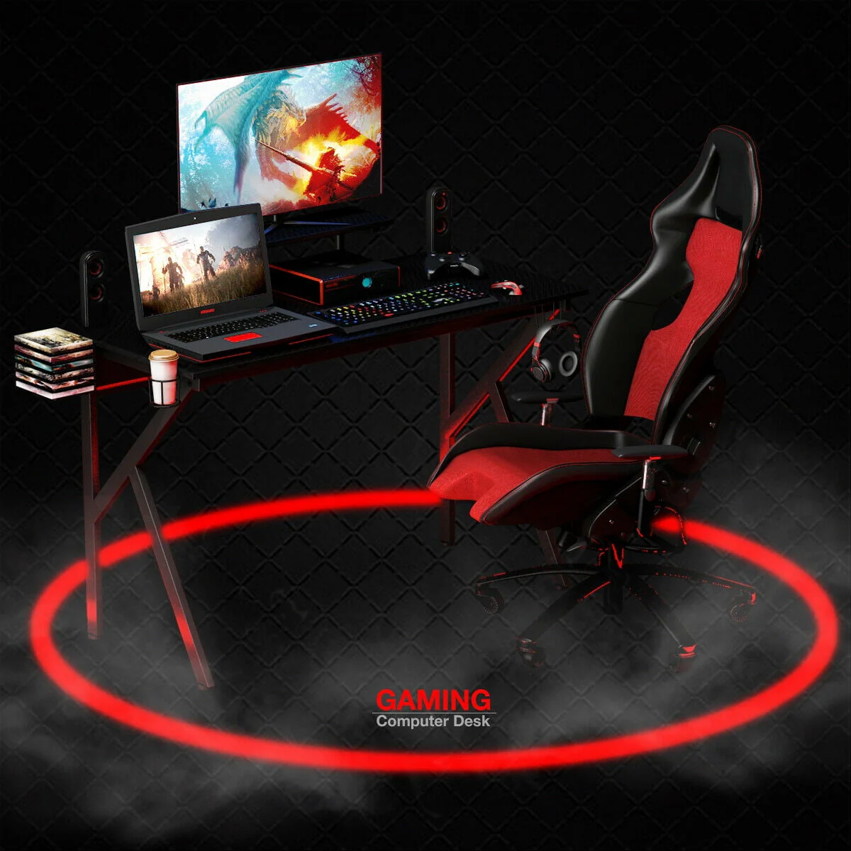 Gymax Gaming Desk Computer Desk PC Table Workstation with Cup Holder & Headphone Hook