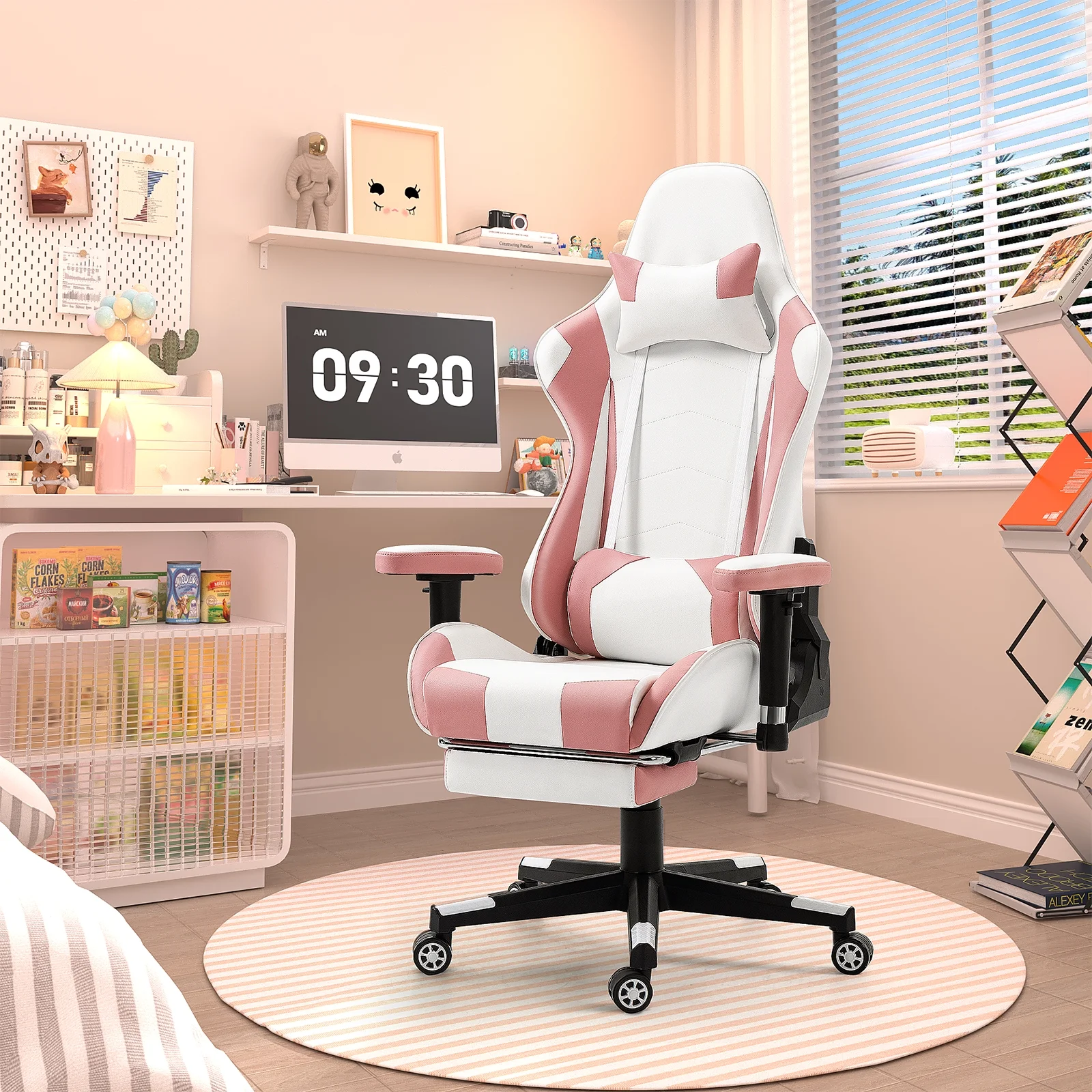 AVAWING Adult Gaming Chair, Ergonomic Leather Gaming Chair with Footrest, Lumbar Support and Headrest, Pink-White