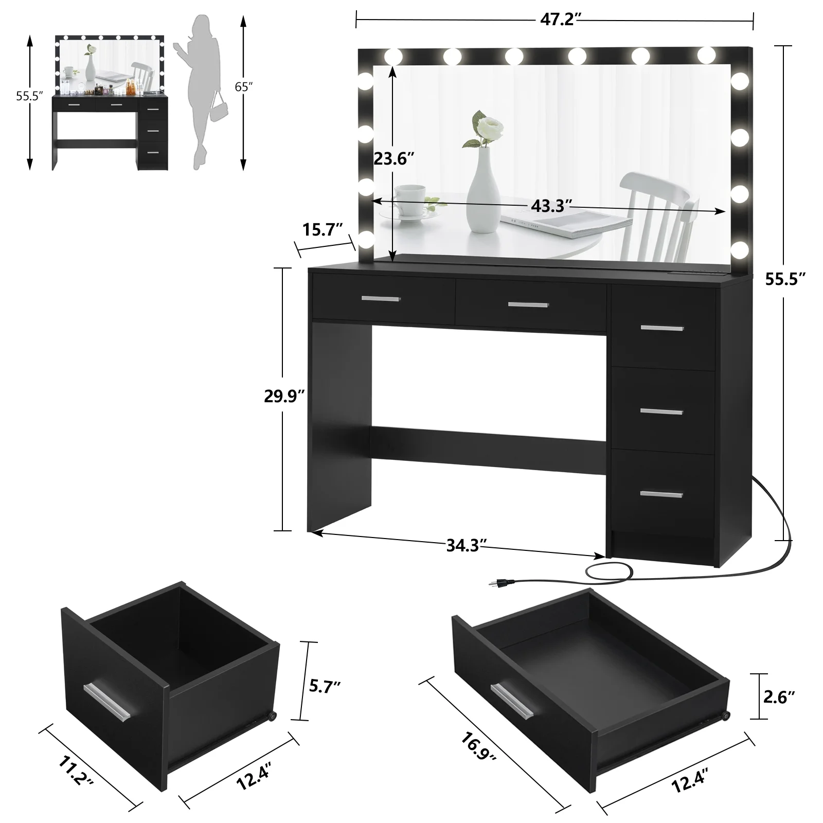 USIKEY Bedroom Adjustable Makeup LED Lights Desk, and Mirror Table Set, White