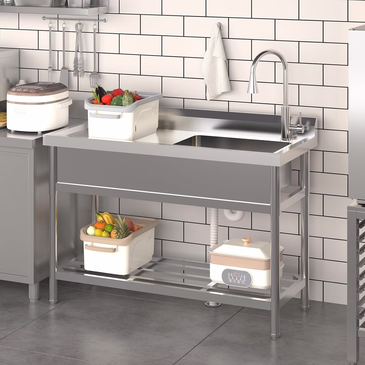 TROPOW 24x20x42 Inch Stainless Steel Utility Sink, Freestanding Single Bowl with Cold and Hot Water Hose and Faucet, Commercial Sink Kitchen Sink for Restaurant Laundry Room Bathroom Garage Garden