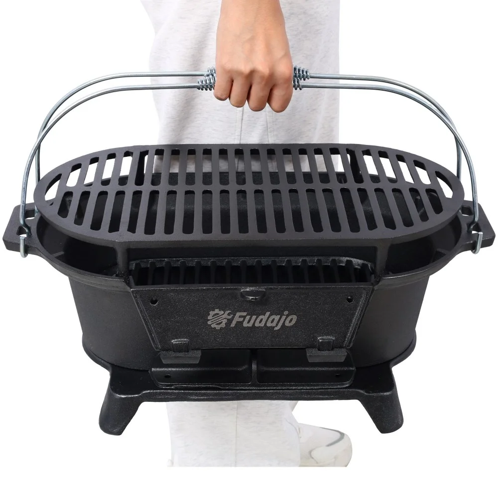 IVV Oval Cast Iron Grill Stove with Handle - Outdoor Camping Charcoal Grill, Portable Tabletop Cast Iron Skillet - Small Hibachi Grill for Outdoor Barbecues Camping Traveling