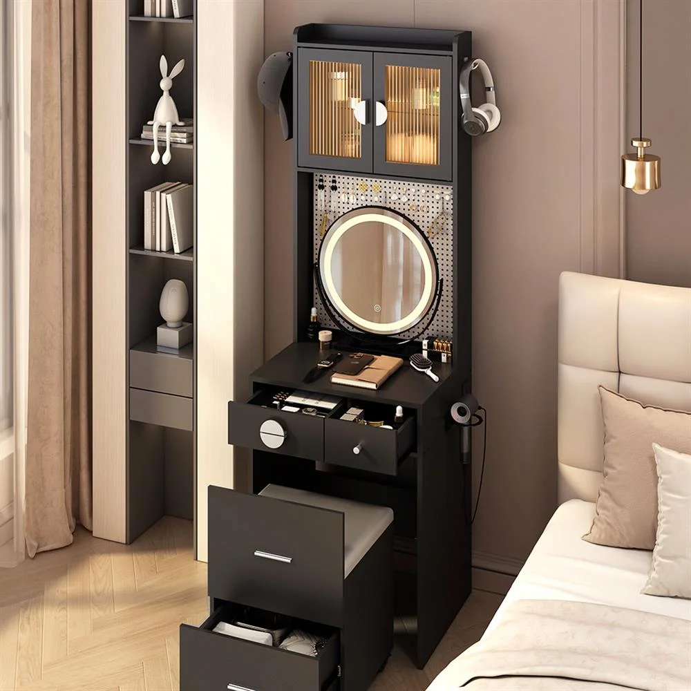 EDOEMSE Table & Chair Vanity Set, Vanity Set,Small Vanity Desk with Mirror and LED Lights, Makeup Table with Charging Station and drawers,Gray