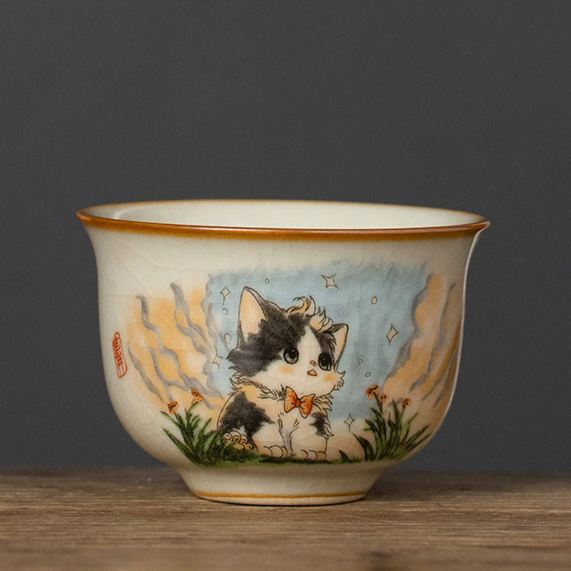 Buddha Stones Cute Bow Tie Cat Teacup Kung Fu Tea Cup