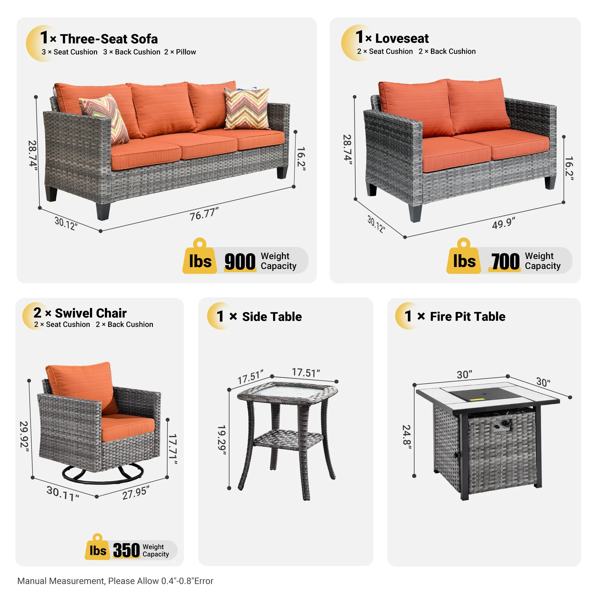 Ovios 6 Pieces Outdoor Patio Furniture Set with Gas Propane Fire Pit Table Wicker Outdoor Conversation Set with Swivel Rocking Chair for Backyard, Cushion Beige