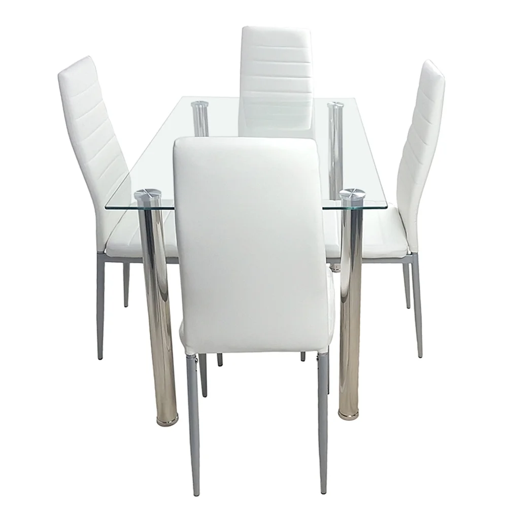 Canddidliik Rectangular Glass Dining Table, 5-Piece Modern Dining Set Tempered Glass Kitchen Table for Living Room and Kitchen, White
