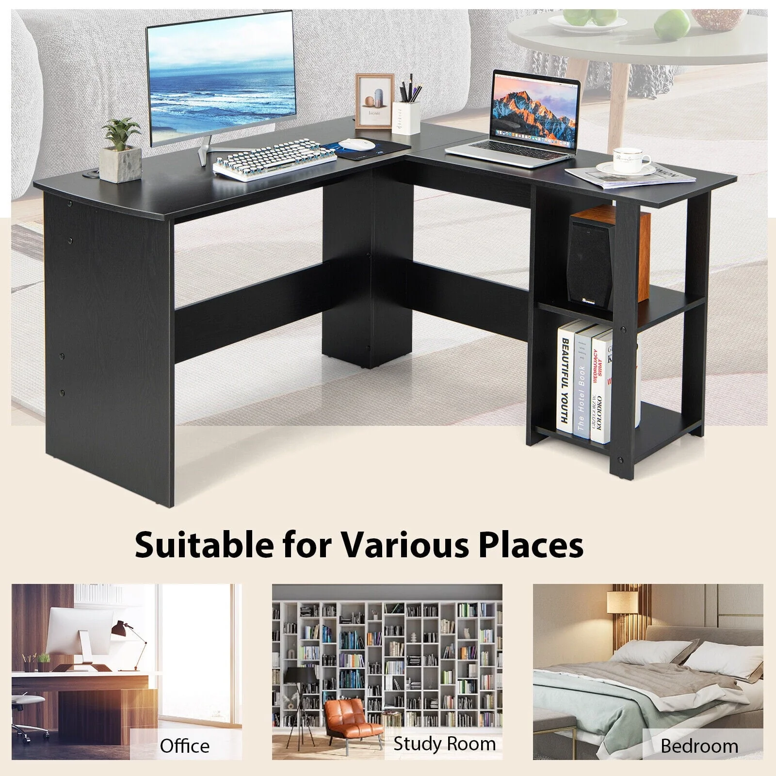 Gymax L-Shaped Office Computer Desk w/ Spacious Desktop & 2-Tier Open Shelves Black