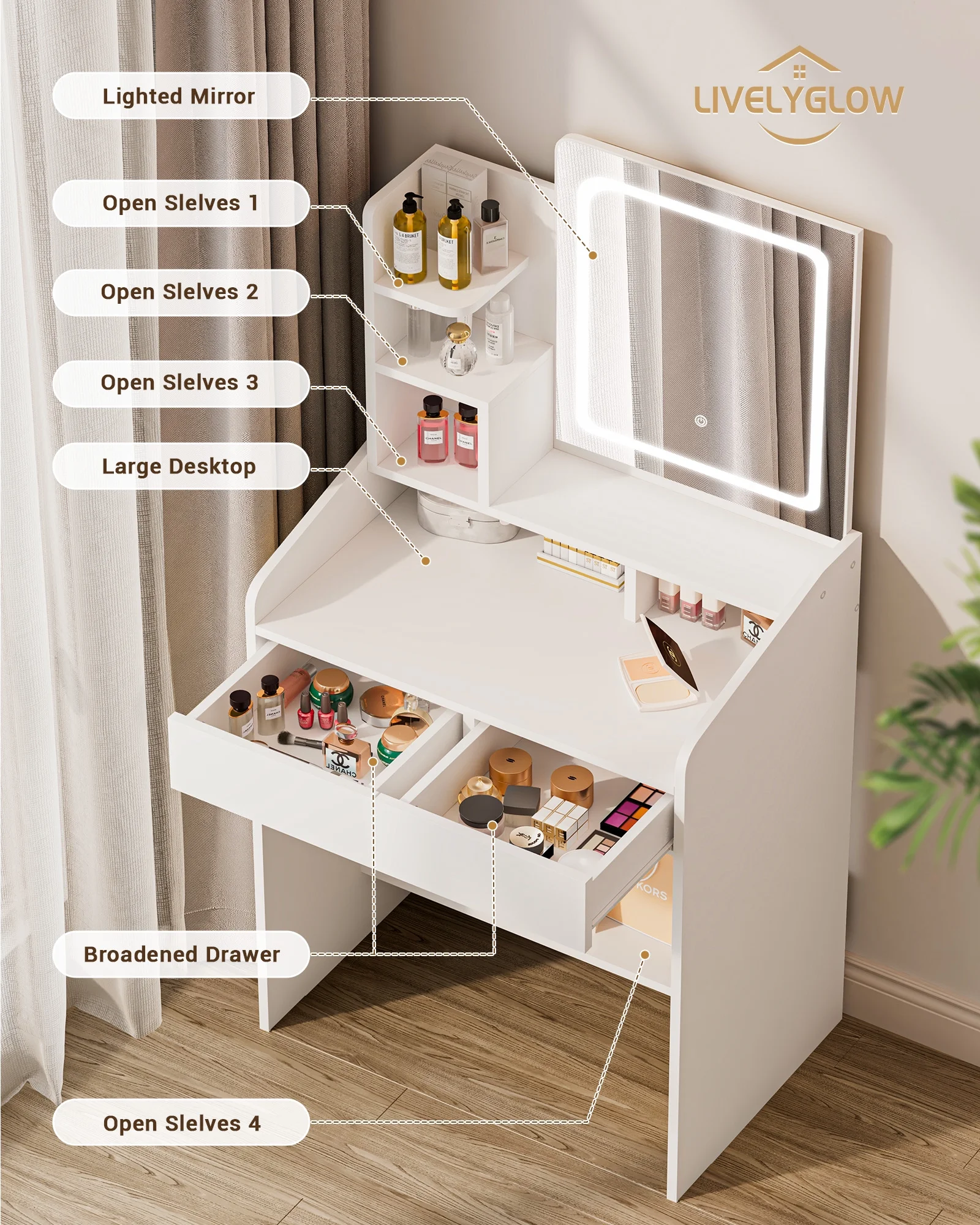 LIVELYGLOW Vanity Desk Set with Square Mirror and Light- Small Vanity Table with Drawers- White