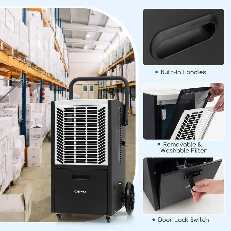163-Pint Commercial Dehumidifier – Heavy-Duty Unit with Drain Pump & Hose. Ideal for 4.500 Sq. Ft Spaces