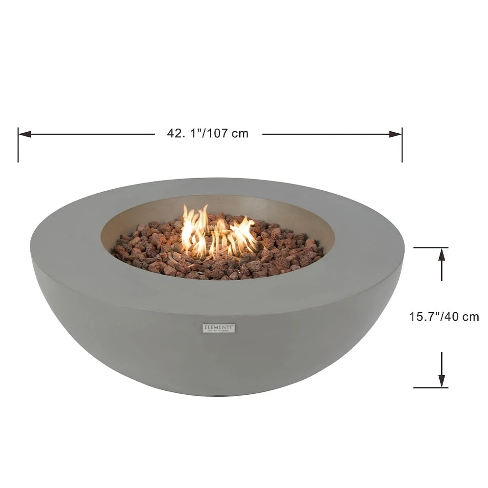 Elementi Outdoor Lunar Fire Bowl 42 Inches Grey Durable Fire Pit Table Glass Reinforced Concrete Round Fire Table Natural Gas Patio Fire Place Electronic Ignition Lava Rock Included